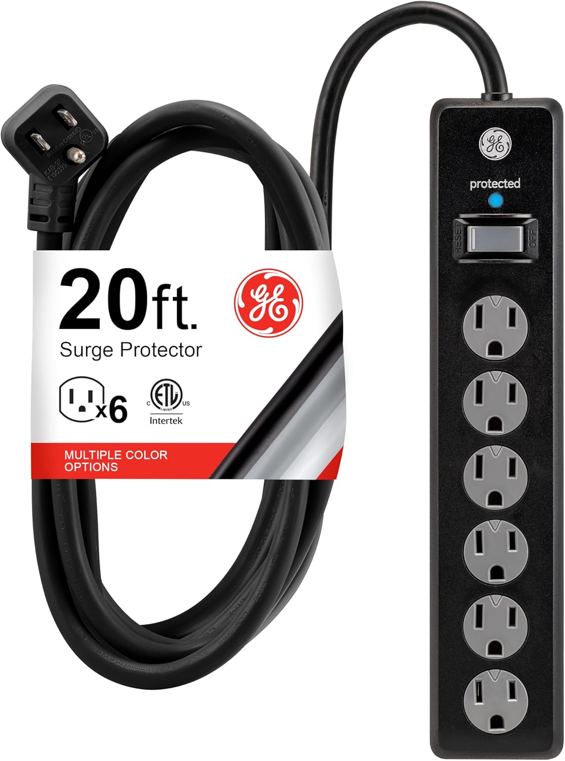 GE 6-Outlet Surge Protector, 20 Ft Extension Cord, Power Strip, 800 Joules, Flat Plug, Twist-to-Close Safety Covers, Protected Indicator Light, UL Listed, Black, 50769
