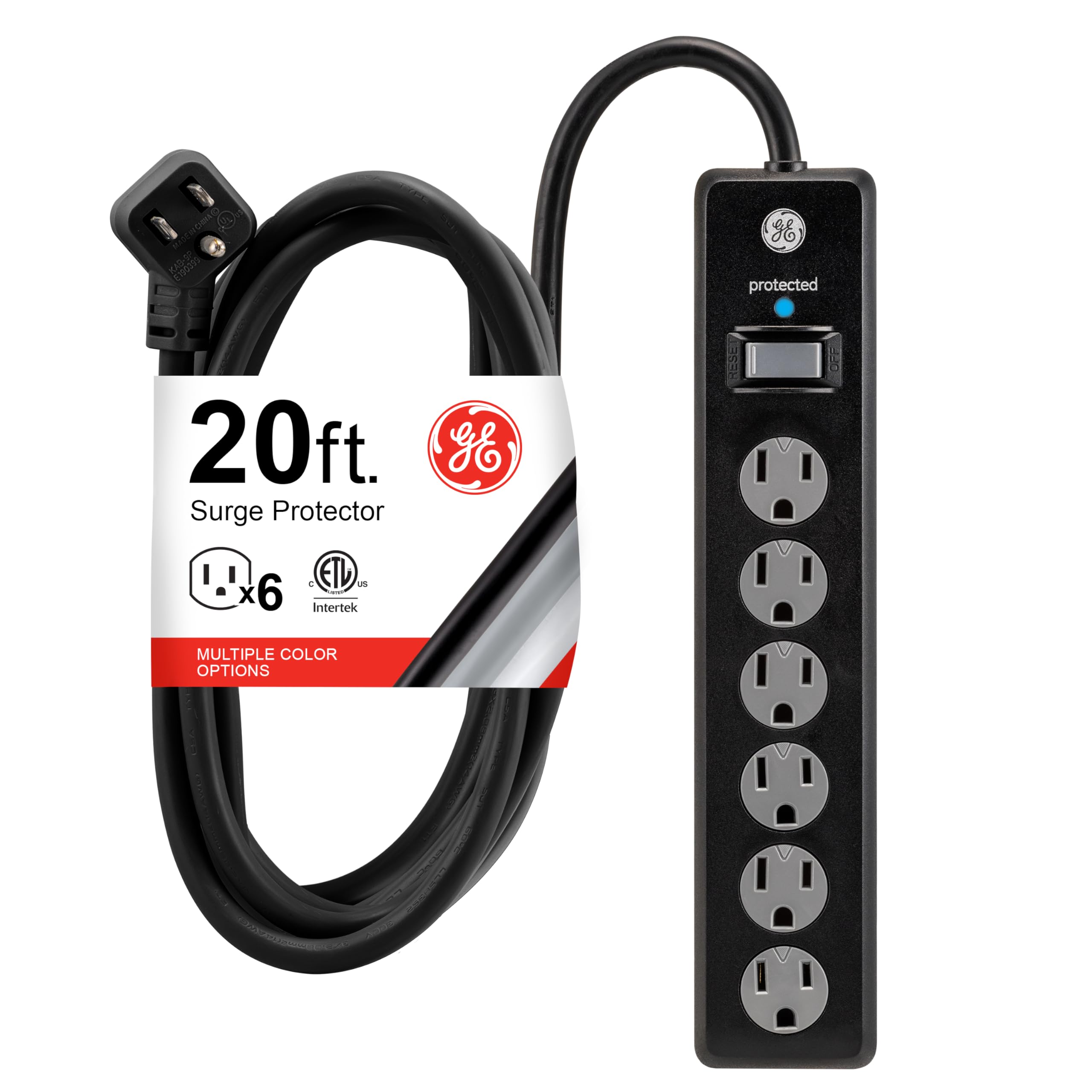 GE 6-Outlet Surge Protector, 20 Ft Extension Cord, Power Strip, 800 Joules, Flat Plug, Twist-to-Close Safety Covers, Protected Indicator Light, UL Listed, Black, 50769
