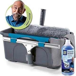 Fensterreiniger Set komplett |Professionell Fenster putzen| Inkl. Fensterabzieher, 12-Liter-Eimer mit Ablage, Abzieher, Wischer, Mikrofastertuch & Reinigungsmittel | für Haus & Auto