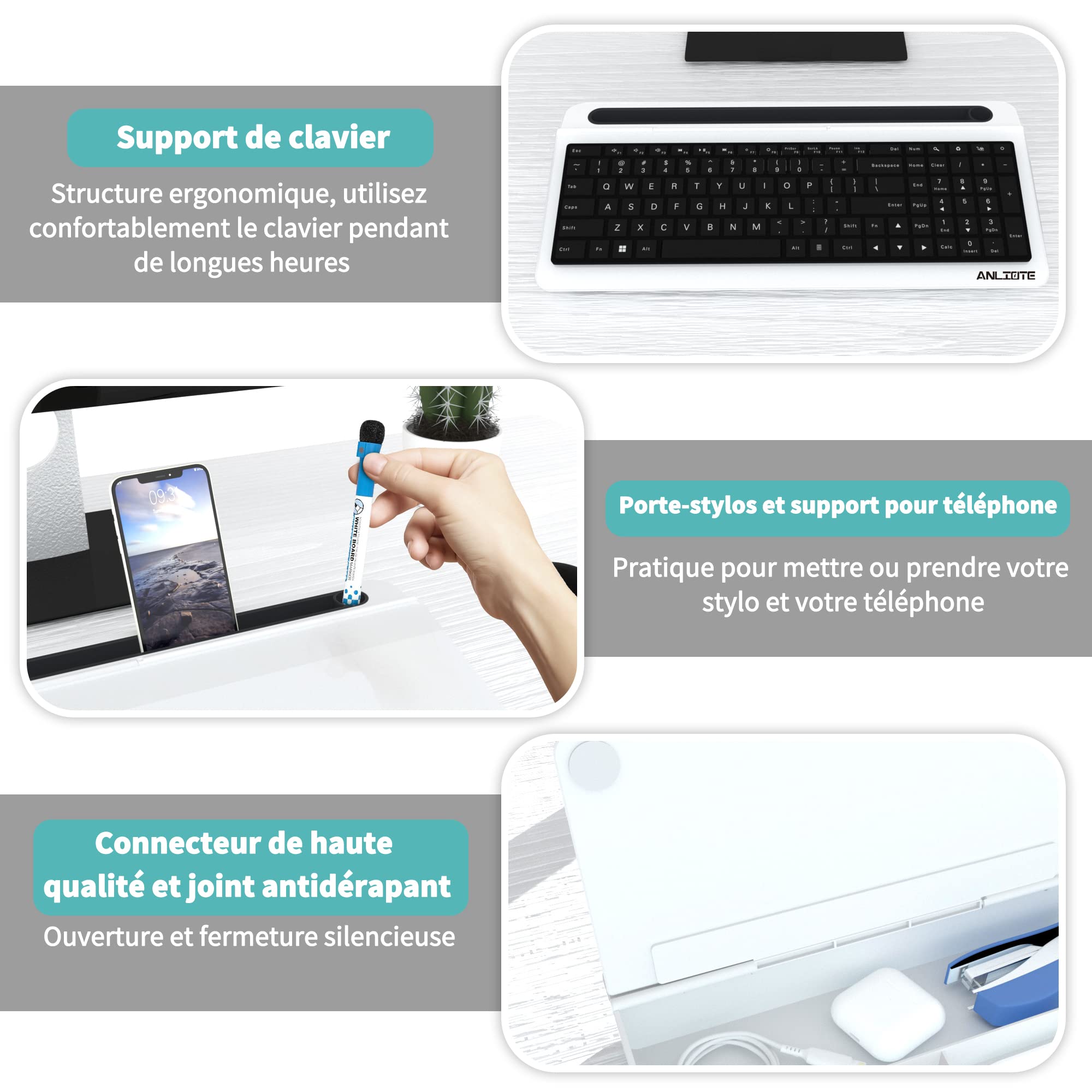 Petit Tableau Blanc de Bureau en Verre avec Boite de Rangement, Effaçable à Sec pour Notes et Rappels – Remplace les Notes Autocollantes, Organiseur de Bureau Compact Entre l'Écran et le Clavier
