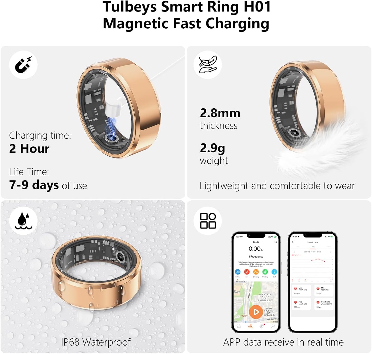 Smart Ring for Women & Men, Fitness Tracker with Heart Rate/Blood Oxygen/Sleep Tracker/Step Counter for iPhone & Android, Magnetic Charging Case, IP68 Waterproof, No Subscription Fee (Gold 11)