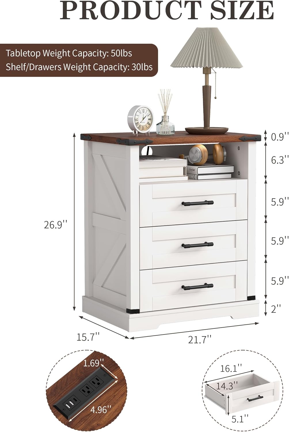 Farmhouse Nightstand with Charging Station, Smart Nightstand with Human Sensor LED Light, Wood Bedside Table with 3 Drawers and Open Storage Shelf, Modern End Table for Bedroom (White)