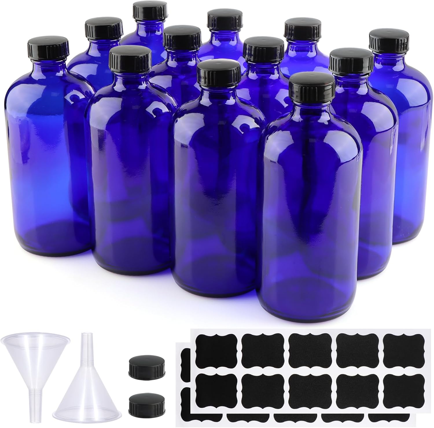PINIWON 12 Pack 16 oz Cobalt Blue Glass Bottles, Boston Round Sample Bottles with Black Poly Cone Caps, Labels and Funnels