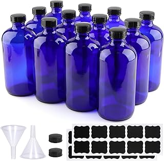 12 Pack 16 oz Cobalt Blue Glass Bottles, Boston Round Sample Bottles with Black Poly Cone Caps, Labels and Funnels