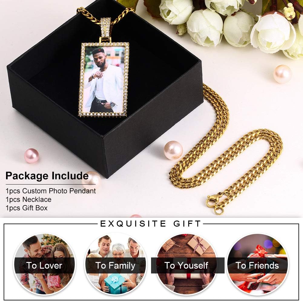 TUHE Custom Picture Necklace Personalized Hip Hop Iced out Heart Angle Wings Pendant Photo Necklace for Men Women Memory Chain Necklace Customized with Picture Rope/Tennis/Cuban Chain Necklaces