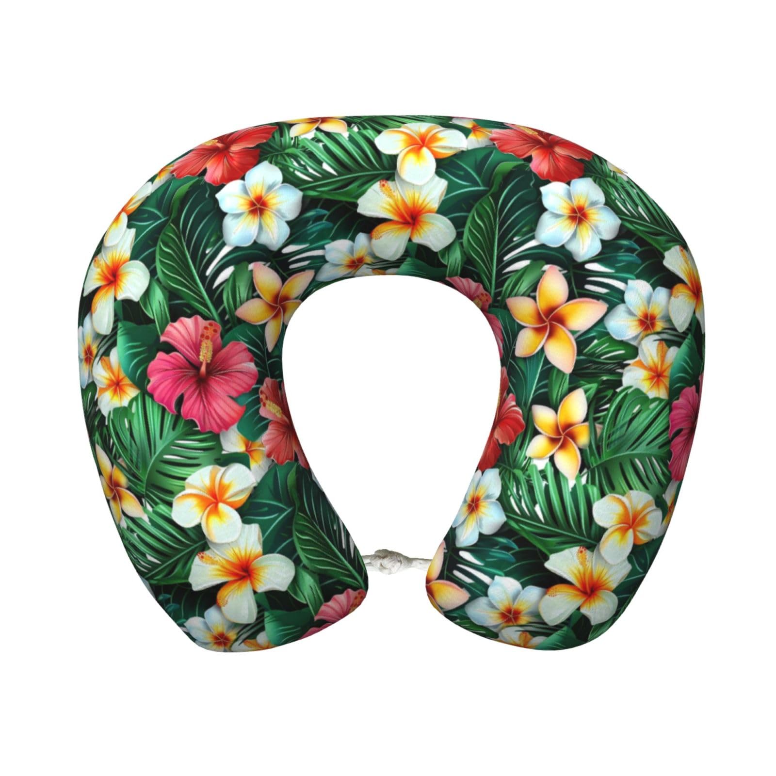 peiyeety Tropical Palm-Leaf Hibiscus Print Travel Pillow Memory Foam, Portable Neck Pillow for Airplane, Car and Office