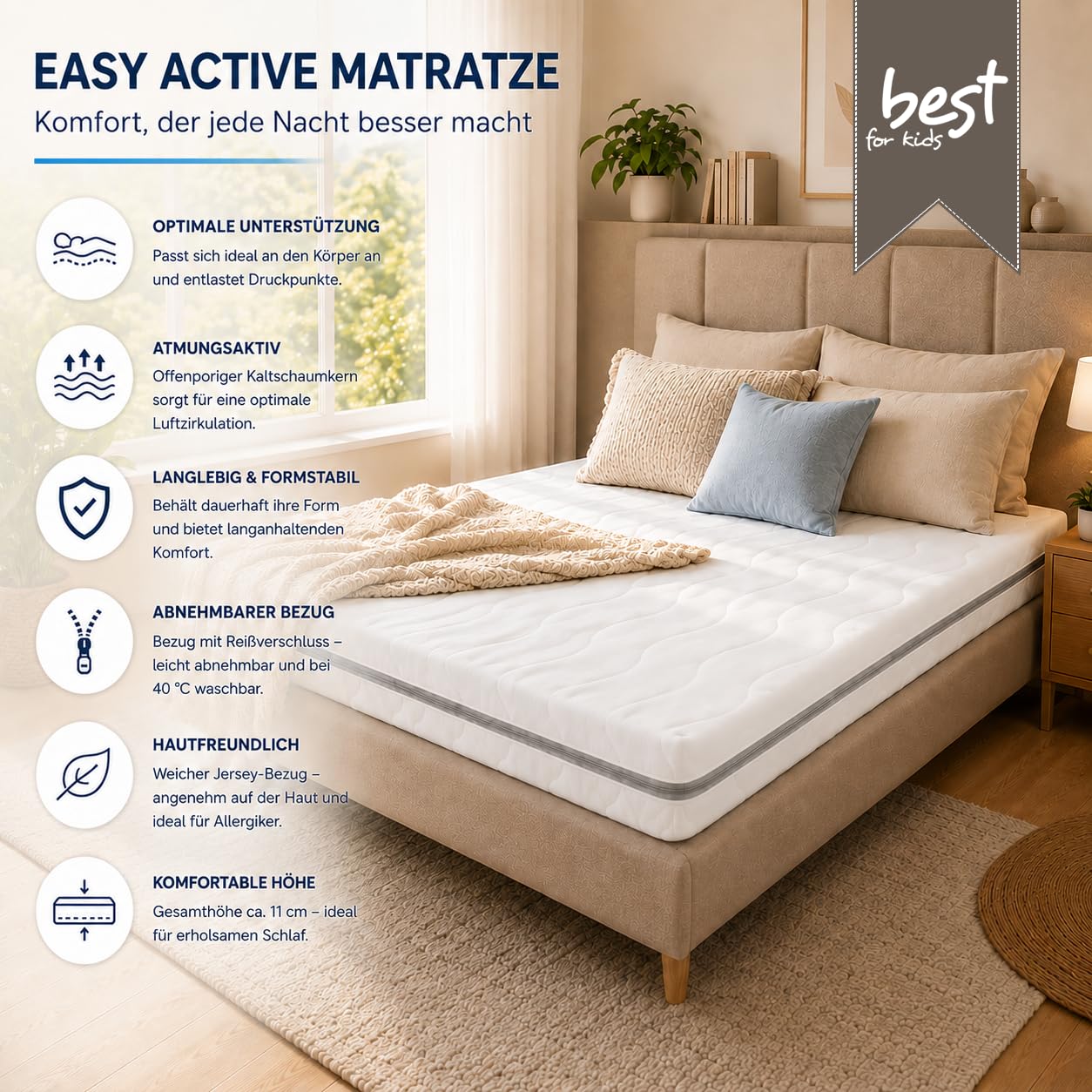 Easy Active Matelas en mousse froide pour enfant Disponible en 4 couleurs et 15 tailles différentes, housse facilement amovible et lavable
