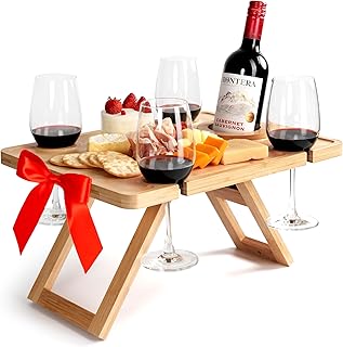 Outdoor Wine Picnic Table, Wooden Folding Picnic Table with Glass Holder, Bamboo Wine Glass Snack Tray for Indoor & Outdoor Use, Includes Picnic Mat & Tote Bag