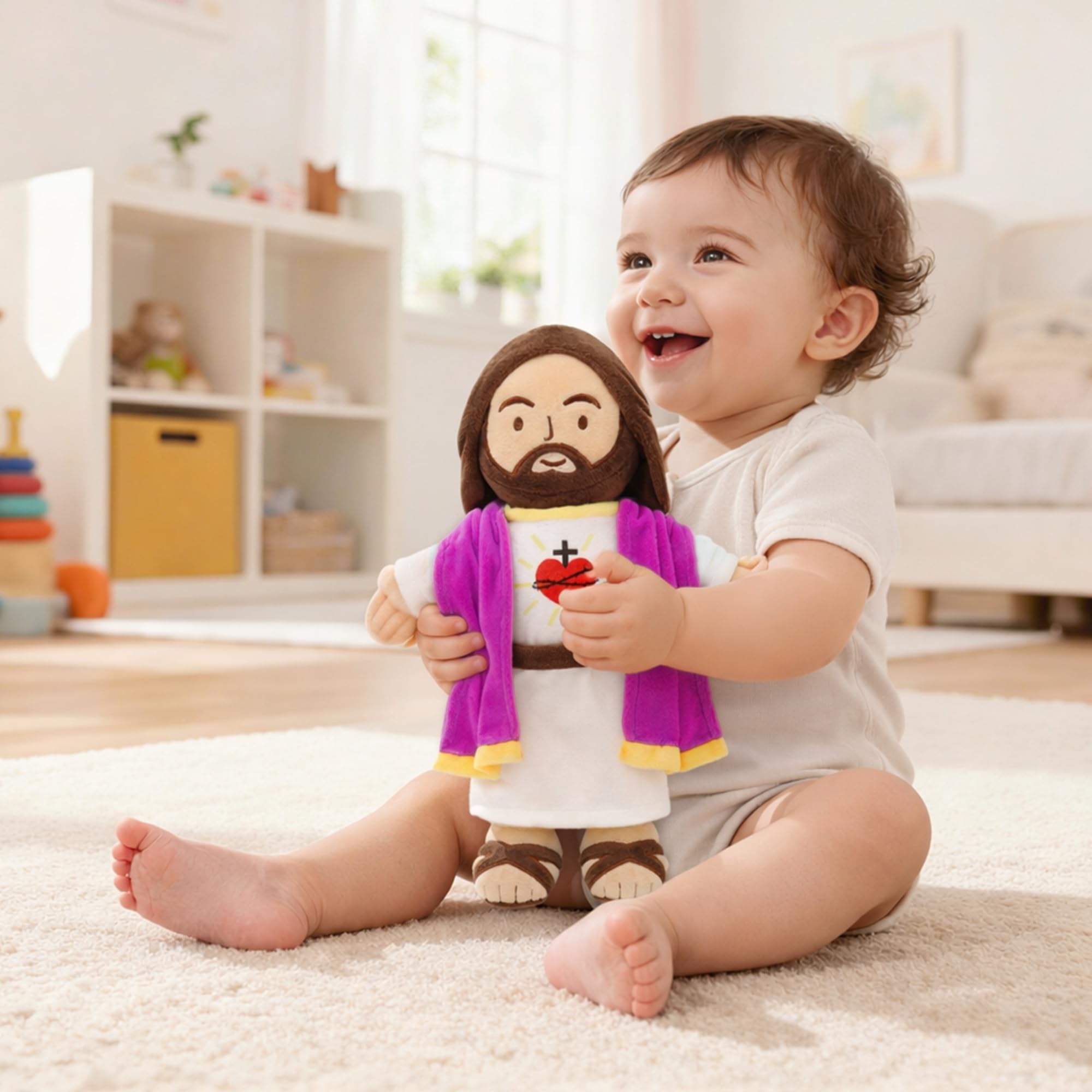 Yelakey Muñeca de peluche de Jesús de 13.4 pulgadas con chal con ribete dorado, regalo religioso cristiano para niños, decoración de Navidad y Pascua (morado)