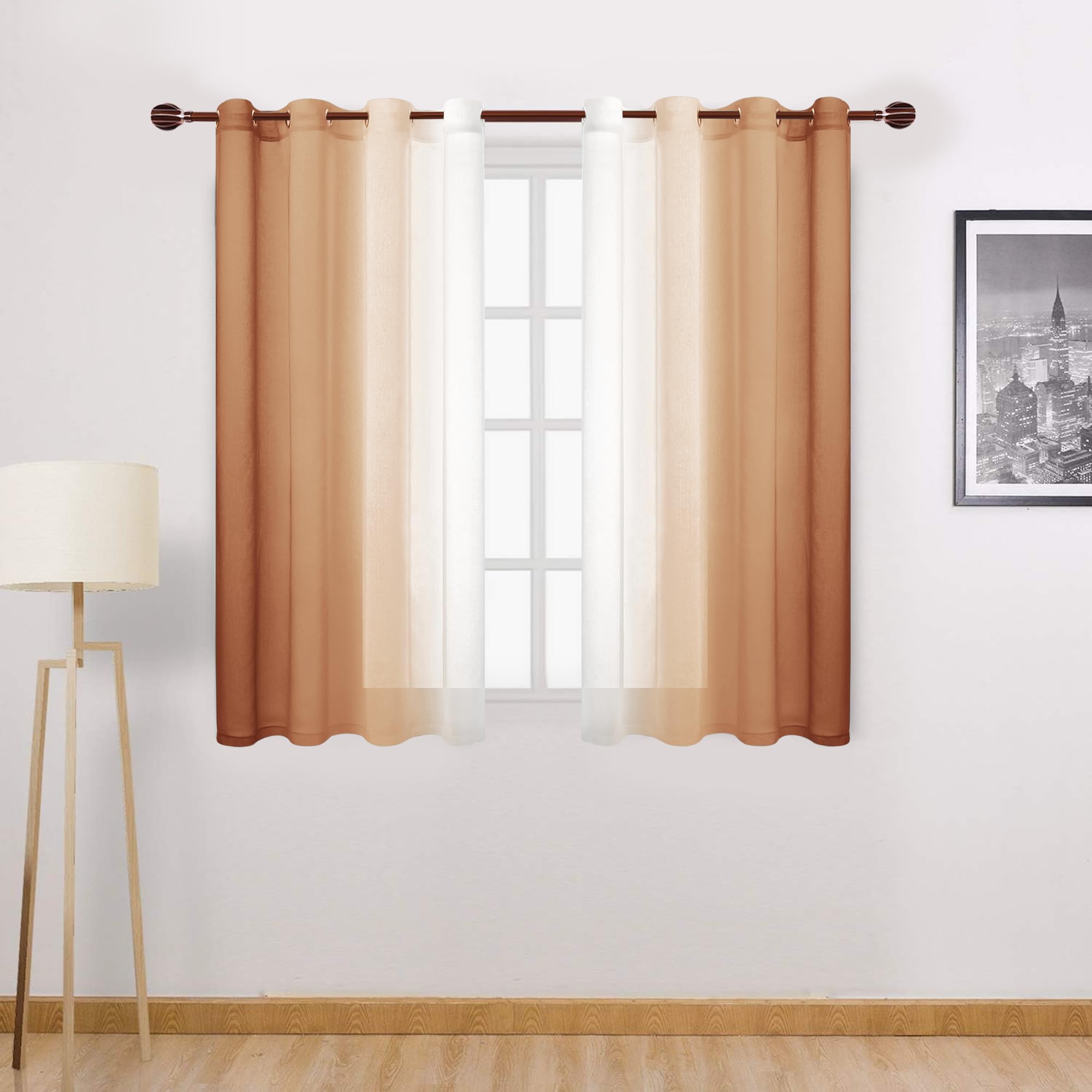 DWCN Ombre Short Sheer Curtains - Faux Linen Semi Voile Gradient Light-Filtering Bedroom and Living Room Curtains, Set of 2 Grommet Top Window Drape Panels, 52 x 45 Inch Length, Burnt Ochre