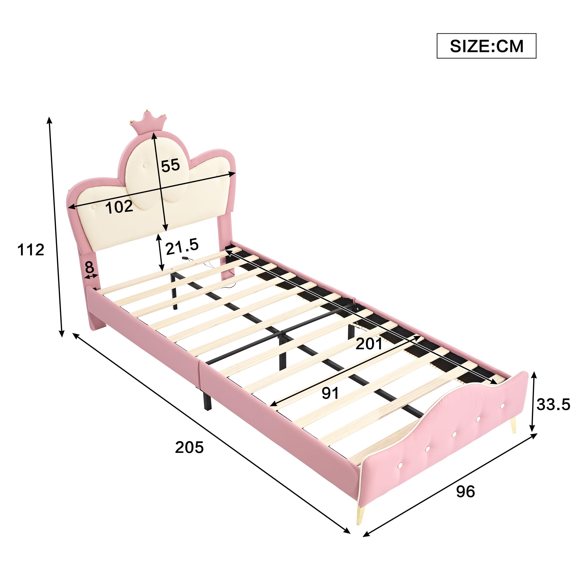 Merax Kinderbett Polsterbett 90x200cm mit LED-Streifen, Mädchen Einzelbett, Kopfteil in Wellenform mit Krone, Bettgestell mit Lattenrost und Fußteil, Jugendbett, PU, ohne Matratze, Rosa & Weiß