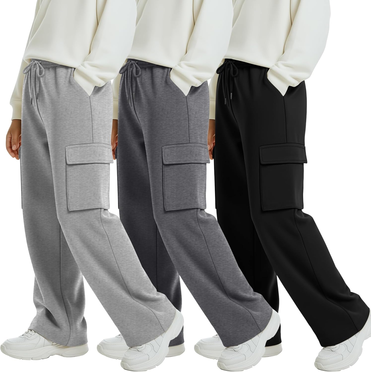 3 Pack Boys' Cargo Sweatpants Drawstring Elastic Waist Joggers Kids Youth Athletic Hiking Pants with 4 Pockets