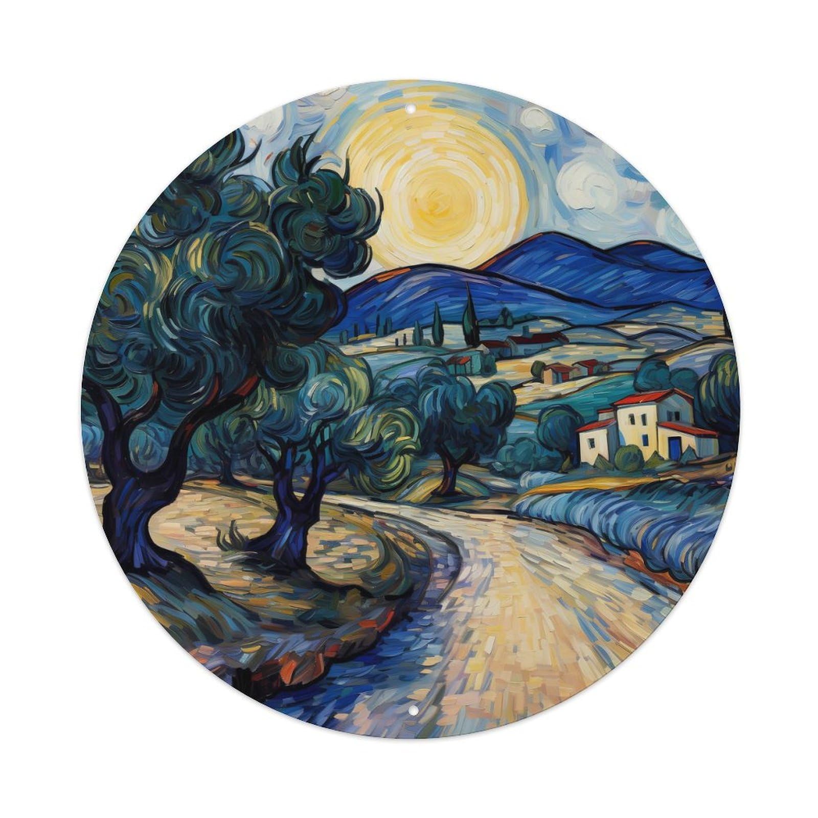 Vintage Art Starry Night Fantasy of Mediterranean Dreams Vintage Metal Tin Sign Plaque Wall Decor for Cafe, Club, Garden Round Metal Poster 8x8Inch
