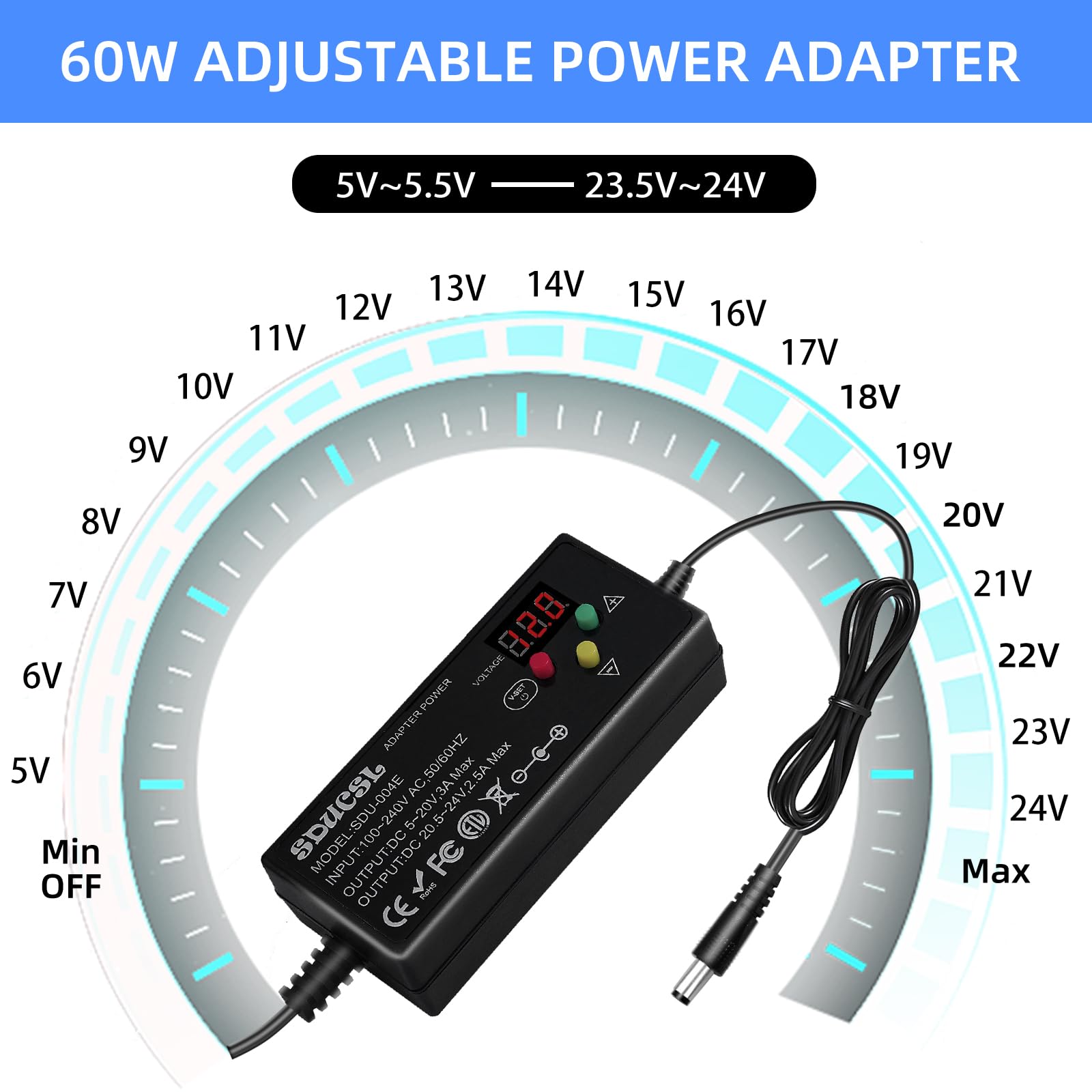 Fuente de alimentación universal CA/CC, adaptador de corriente universal de 5-24 V 60 W con 8 puntas, 100-240 V CA a CC 5 V 9 V 12 V 15 V 18 V 20 V 21 V 24 V 3 A máximo, transformador de fuente de