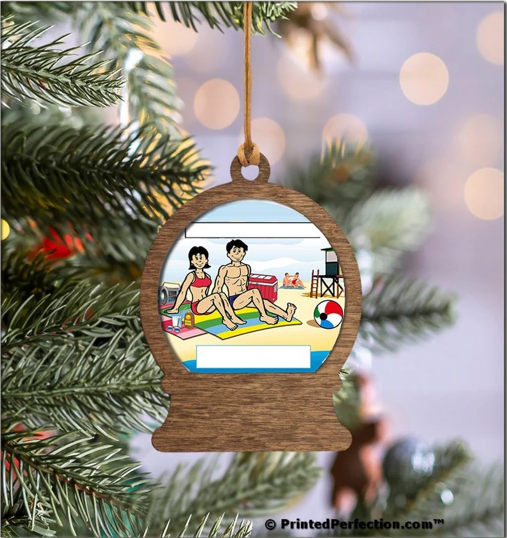 PrintedPerfection.com Personalized Sunbathing Couple Wooden Snow Globe Shaped Christmas Ornament