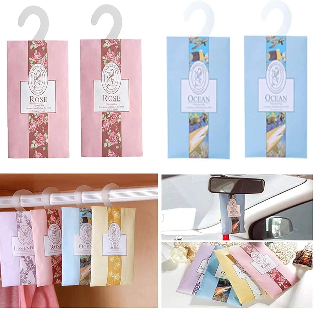 Wardrobe Aromatherapy Clothes Hanger, Fragrance Sachets Bags, Scented Bags For Wardrobe, Hanging Scent Bag, Wardrobe Air Freshener, Sachets Buds Bag, Scented Bags, 2 X Rose, 2 X Ocean