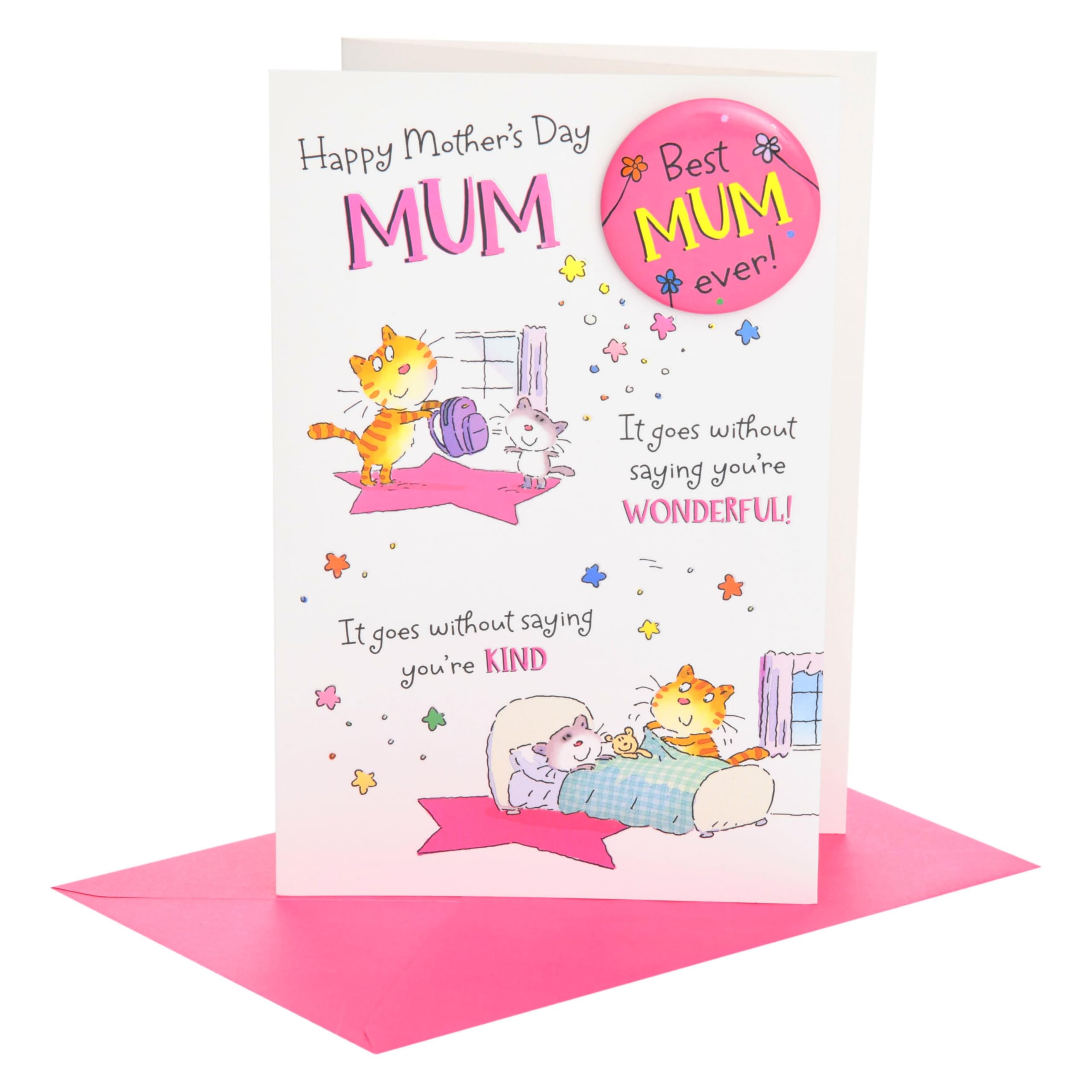 UK Greetings | Mother's Day Card for Mum | Card for Mum, Grandma, Wife | Her, Girls, Women | Cat Design & Includes Pin Badge | With Envelope | 14.9 x 22.9 cm