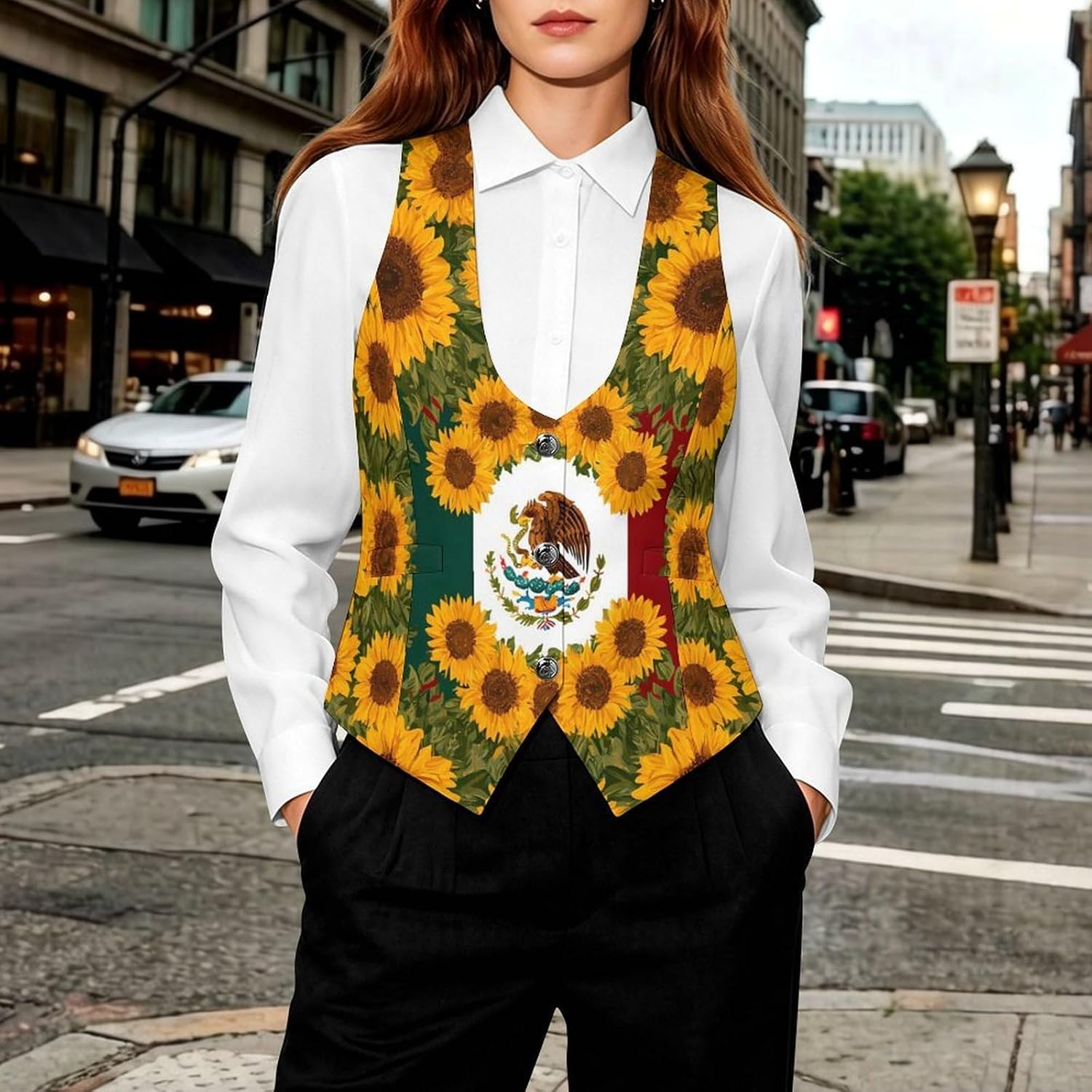Mexican Flag Sunflowers Print Women's Suit Vest Top Button Blazer 5XL | V-Neck,Wasitcoat,with Pockets,Sleeveless Jackets,Business Dress,Slim Fit,for Work Office,Dressy Casual