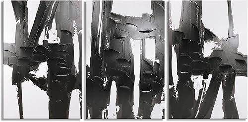Pinetree Art 3 paneles de lienzo abstracto en blanco y negro, impresiones artísticas de pared con textura 3D para sala de estar (mediano)