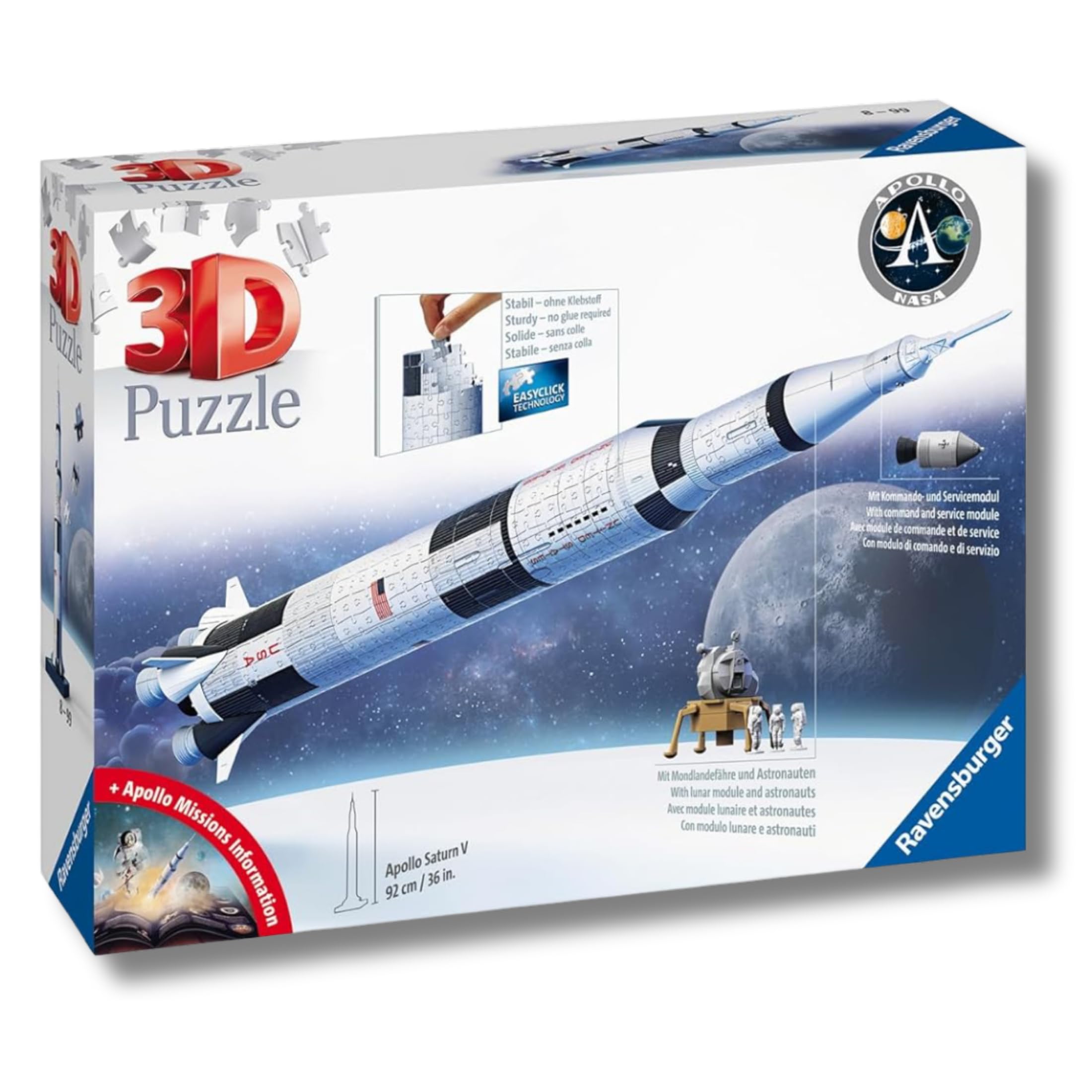 Ravensburger - Puzzle 3d Apollo Saturn V | Puzzle 3d Per Adulti E Bambini A Partire Dagli 8 Anni | Modellismo Da Costruire Adulti Di 504 Pezzi | Regalo Bambino 8 Anni E Più
