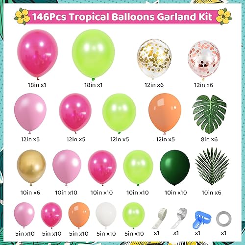 Miniatura 3 de Kit de arco de guirnalda de globos tropicales de 146 piezas, decoración de fiesta hawaiana Luau Tropical Aloha flamenco, decoración de fiesta de
