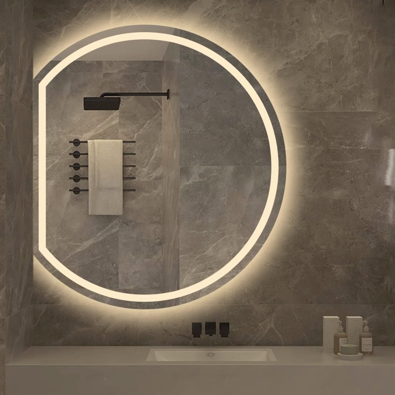 50x45cm,60x54cm,70x63cm,80x72cm,90x81cm Lighted Mirror, LED Bathroom Mirror, Semi-circular Wall Mirror, 3-colour Infinitely Dimmable, Memory Function, 3 Hanging Methods ( Color : Left cut-B , Size : 5