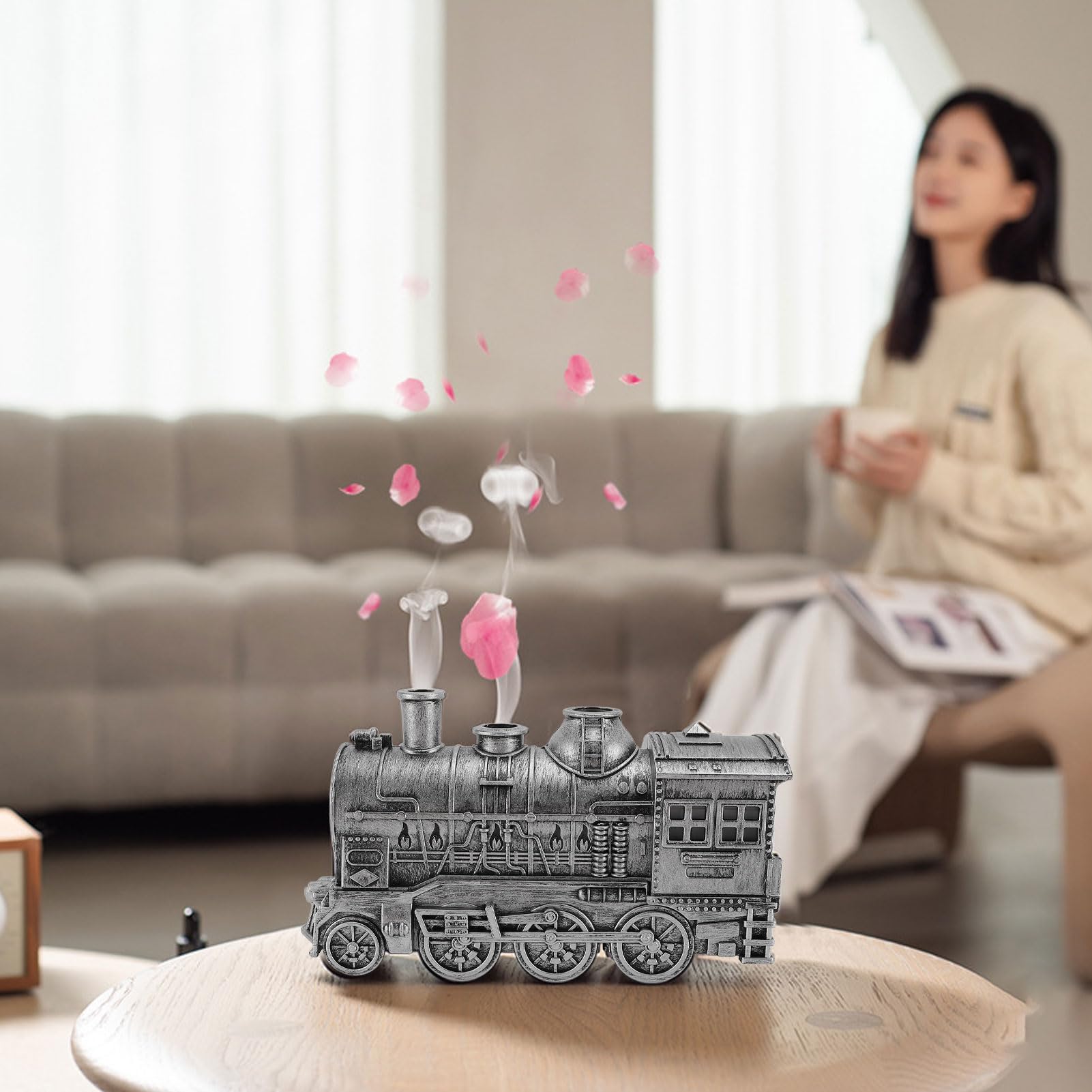 Diffusor für ätherische Öle, Train-Diffusor 300 Ml mit 2-Stunden-8-Stunden-Timer, Fernbedienung, 2 Beleuchtungs- und 2 Nebelmodi, Train Cool Mist-Luftbefeuchter, Leiser