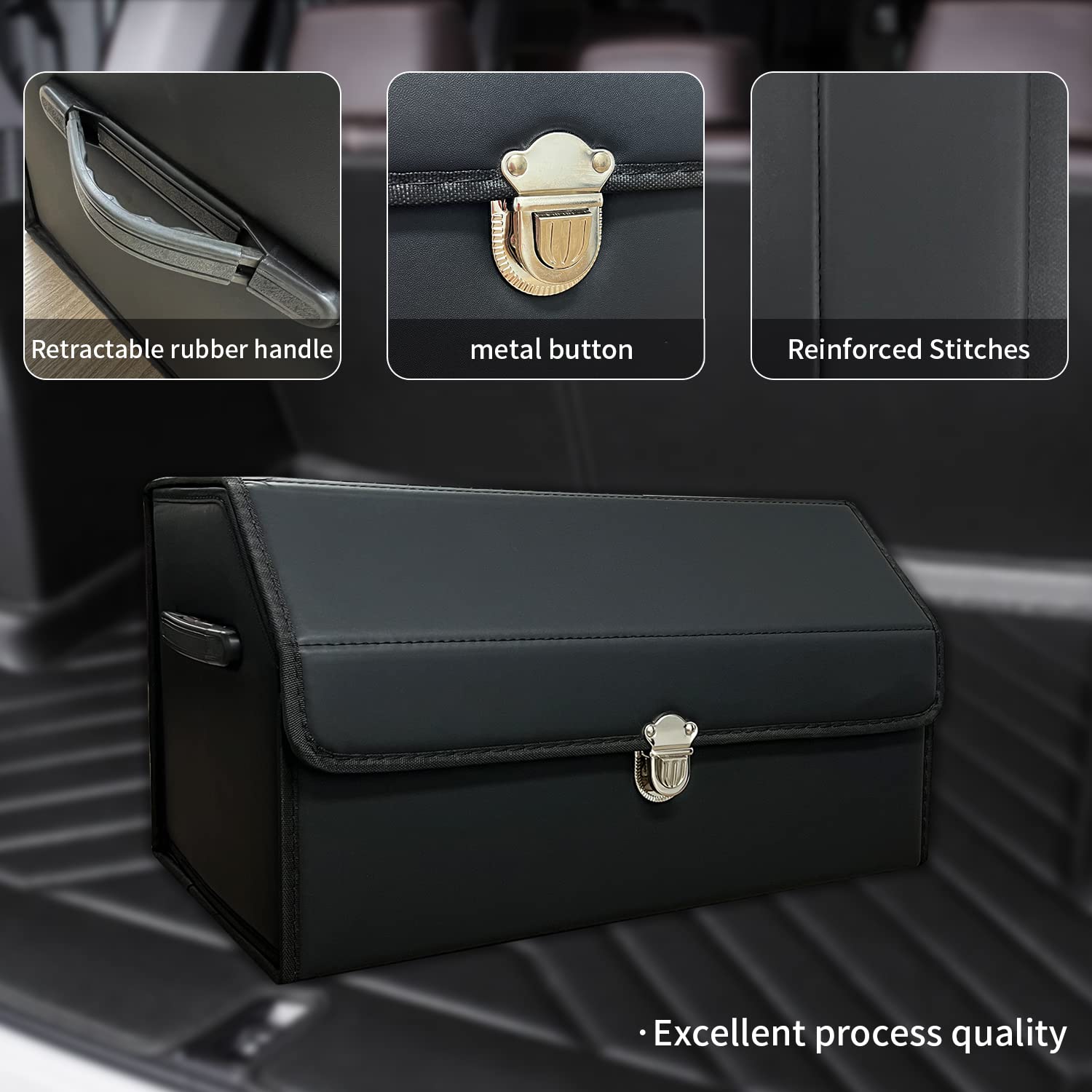 Kofferraum-Organizer für Auto mit Deckel, faltbarer Kofferraum-Organizer für SUVs und Limousinen, multifunktionale Leder-Aufbewahrungsbox – Schwarz – klein