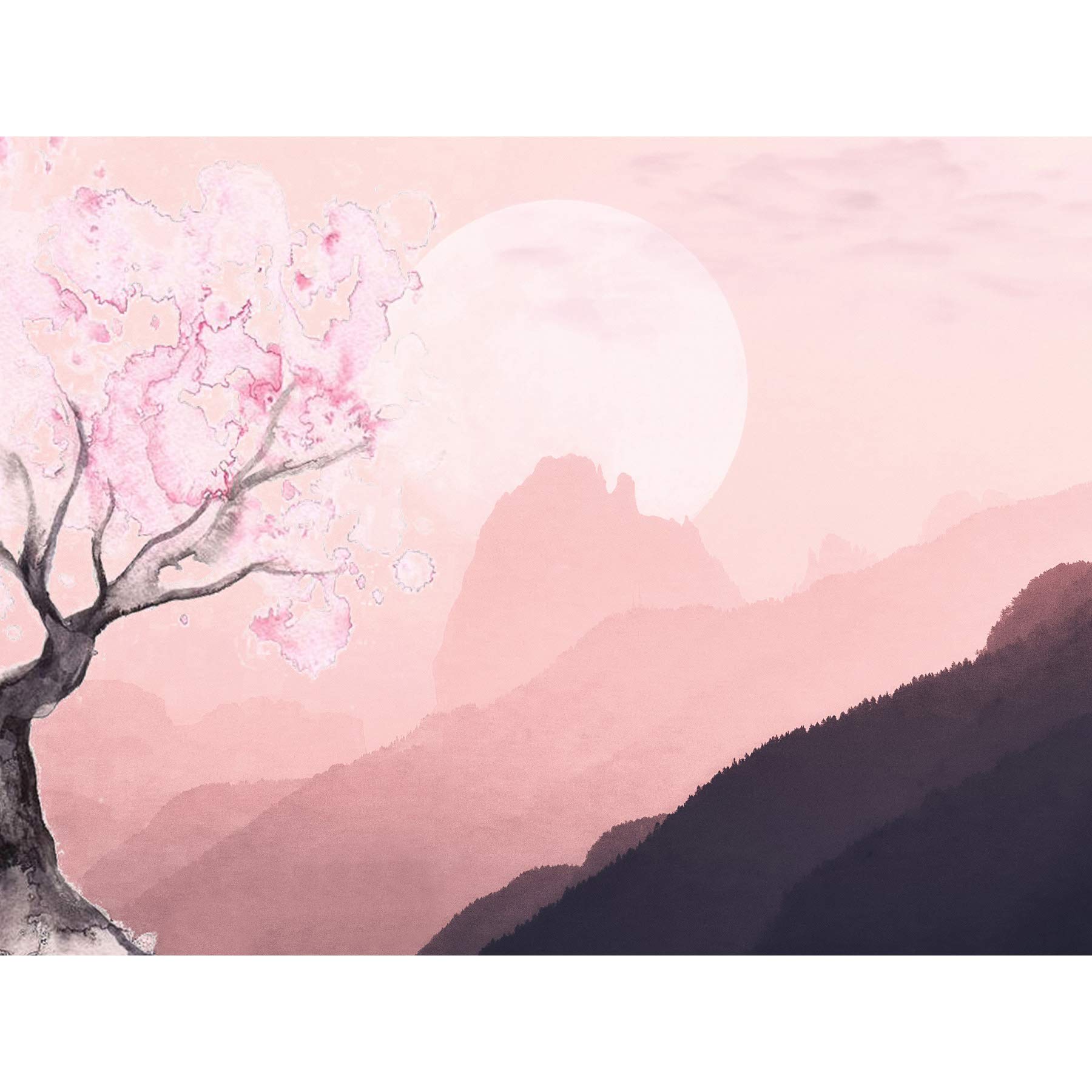 Artery8 Pink Landscape Tree Mountain Illustration Premium Wall Art Canvas Print 18X24 Inch