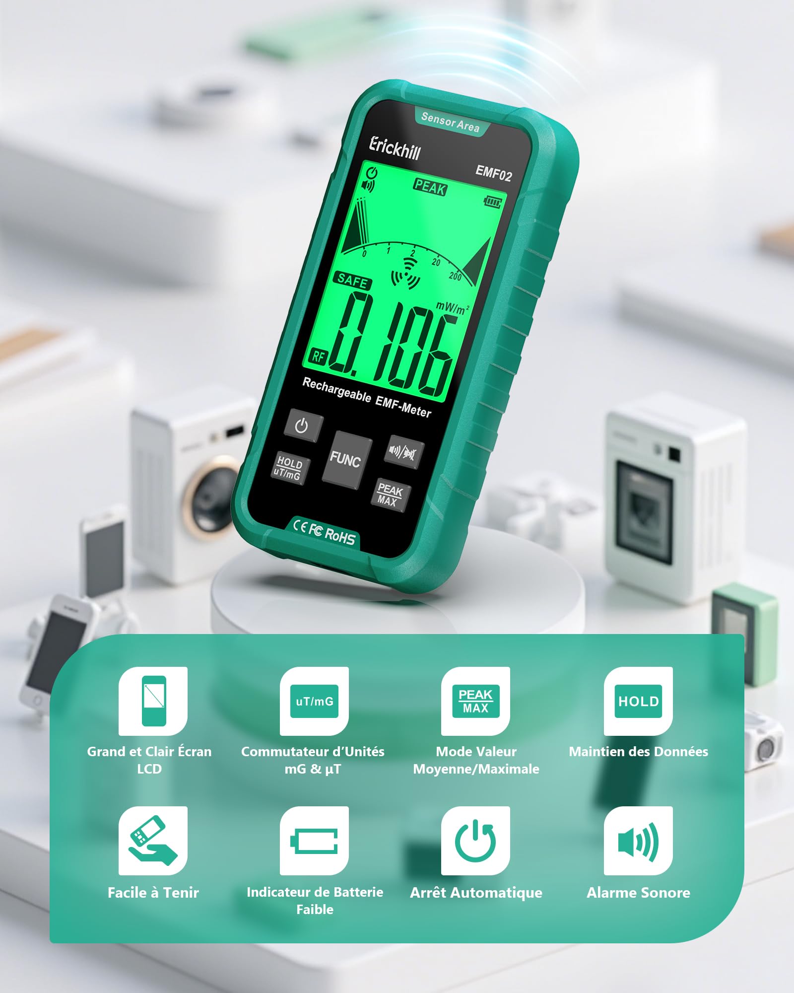 ERICKHILL EMF Détecteur 3-en-1, Testeur de Champ Électromagnétique Portable–RF/EF/MF&WiFi, avec Alarme 3 Couleurs, Batterie Rechargeable, pour Maison, Bureau et Chasse Fantôme