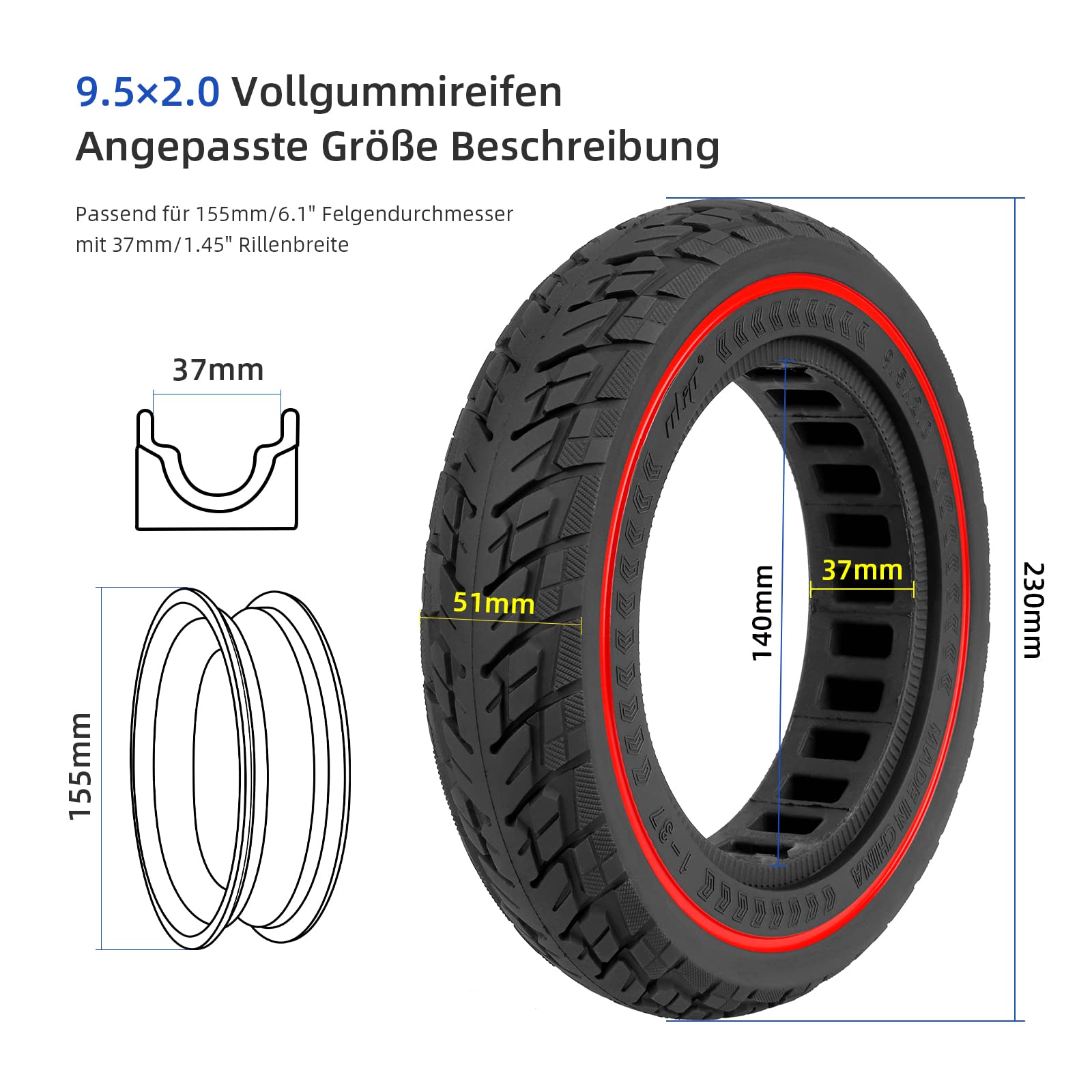 ulip Roue Solide 9,5 x 2 Pouces pour Xiaomi M365 Pro Pro2 1S MI3 Lite Trottinette Electrique Anti Dérapant Anti Crevaison Avant/Arrière Roue