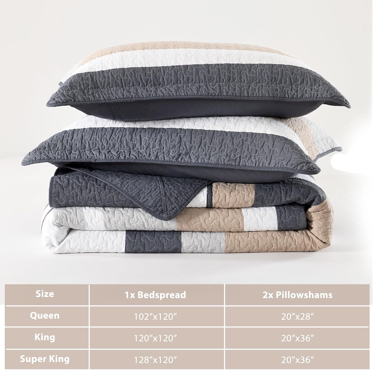 Striped California King Bedspread 120"x120" - 100% Cotton Lightweight Oversized King Quilt with 2 Pillowshams, Modern Reversible Quilted Bedspread Coverlet, Navy Gray White Beige, 3 Pieces