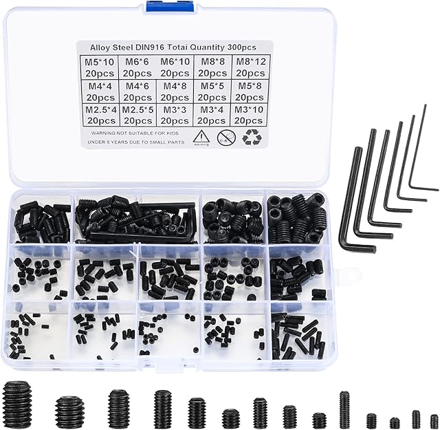 300 Pcs Grub Screws Assortment, Carbon Steel Metric Fasteners Screws Kit, M2.5/M3/M4/M5/M6/M8 Threaded Hex Head Socket Screws for Door Handles, with 5 Pcs Allen Key