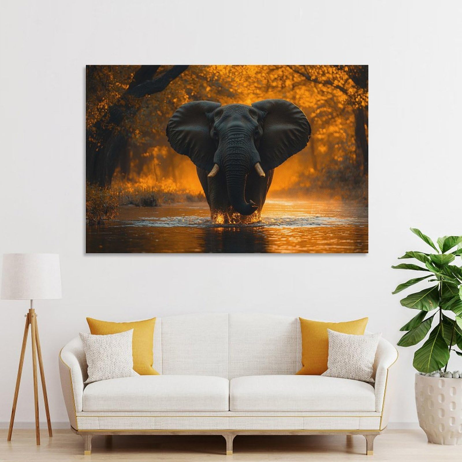 Junmoney Unframe-Style Wall Picture Print Elephant In Water, Golden Light, 20X30inch(50X75cm), For Lounge, Bedroom Or Personal Spaces, Canvas Artwork With Gifting Potential