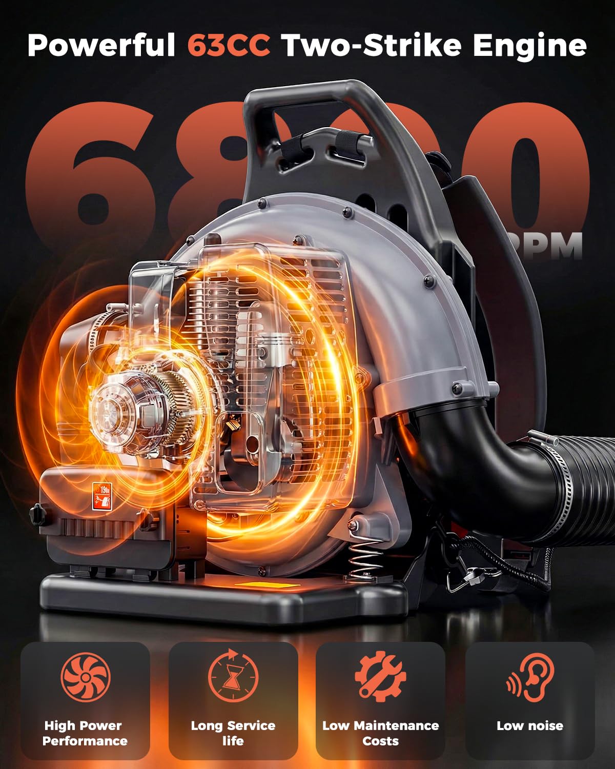HTK Dmuchawa do liści z napędem gazowym 63CC | bardzo wysoka prędkość 665 CFM, prędkość wiatru 205 km/h | ergonomiczna i niska wibracja konstrukcja | całoroczne czyszczenie trawnika, kurzu i śniegu