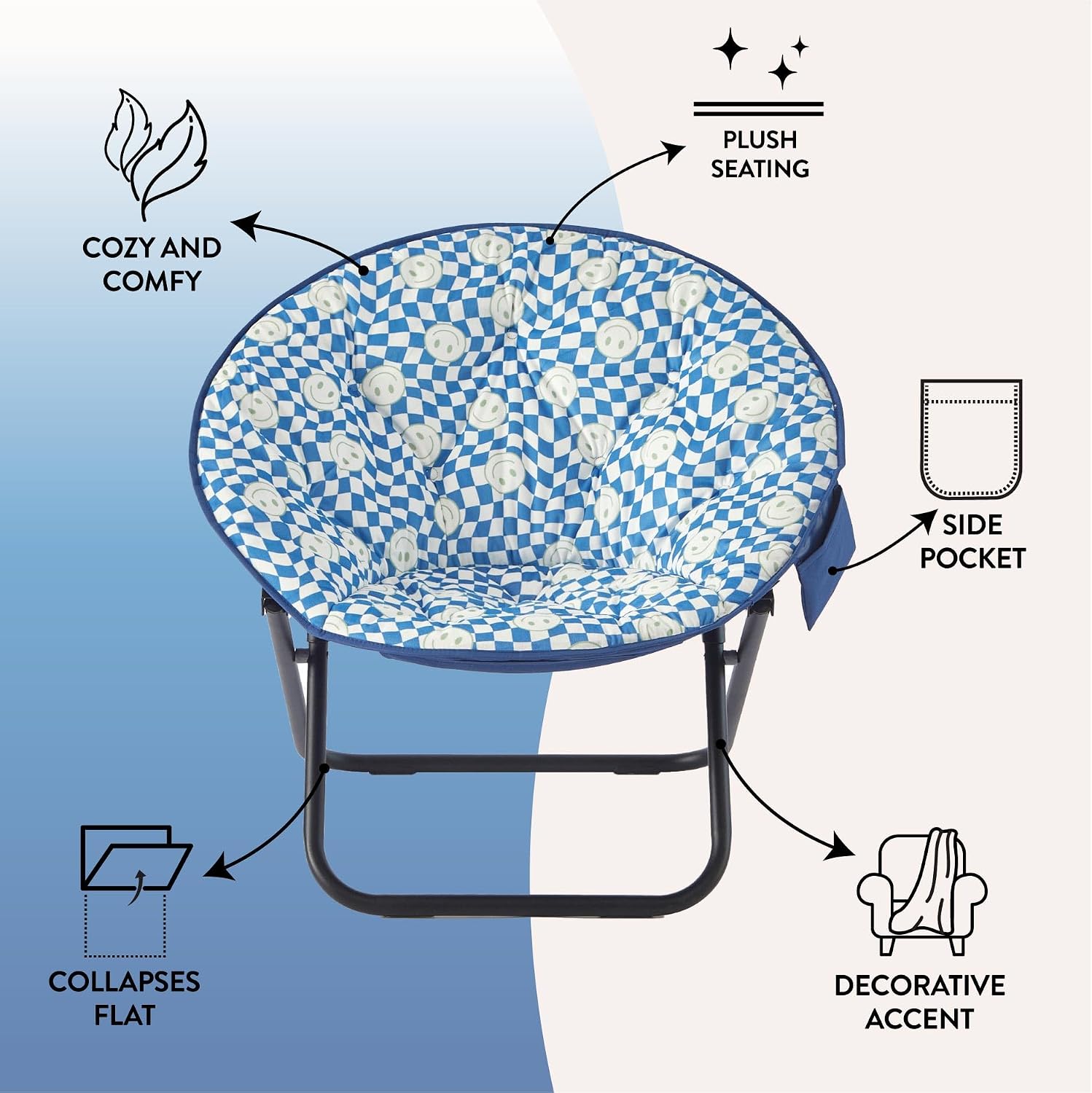 Urban Lifestyle Smiley Face Blue Checkered Printed Micromink Saucer™ Chair with Black Metal Frame
