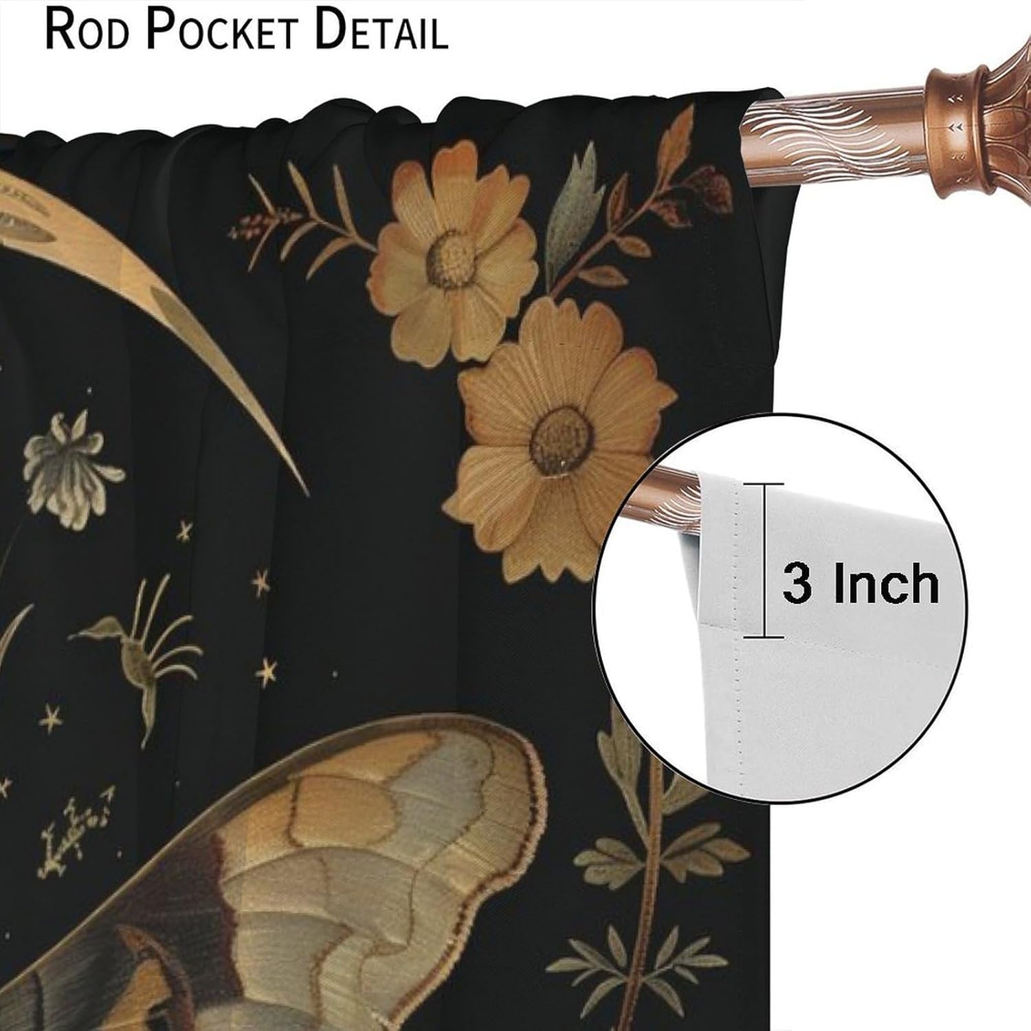 YungHo Moth Butterfly Moon Phase Curtain, Black Moonlit Night Mysterious Witchy Boho Cryptid Plant Gothic Blackout Window Treatment 42" W x 84" L x2