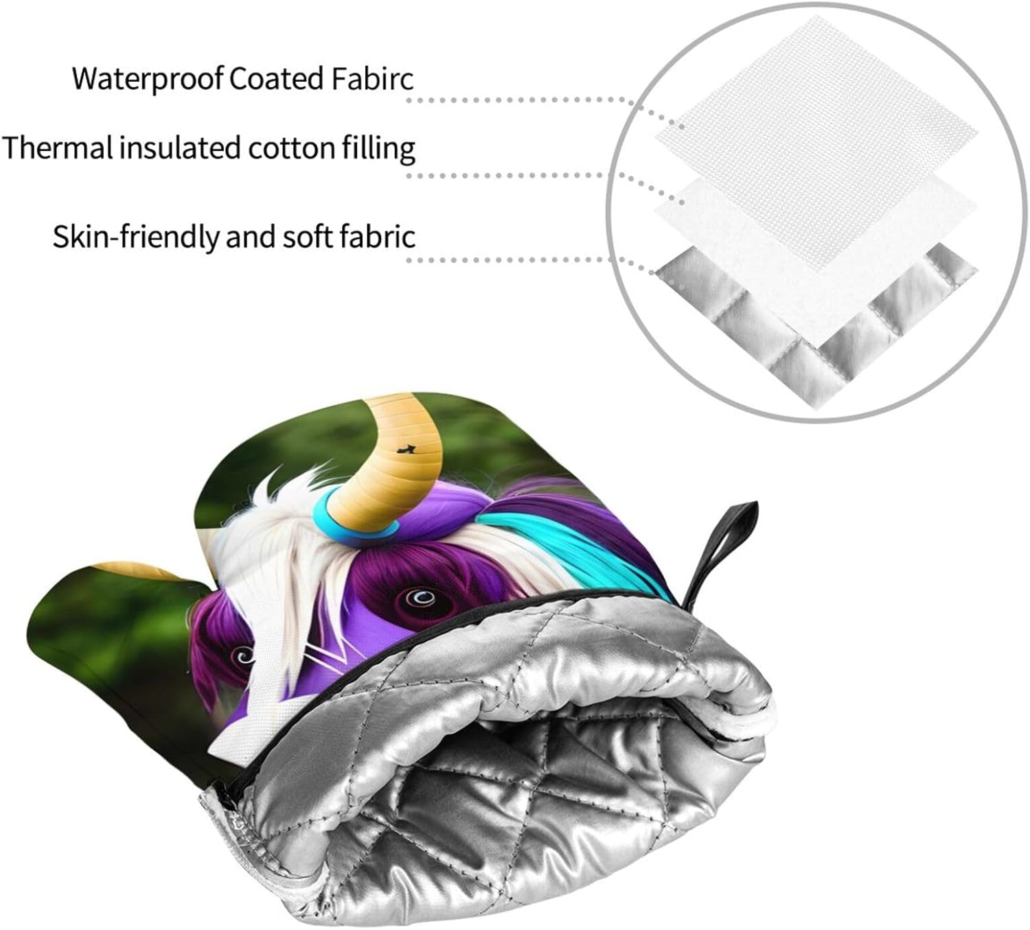 Colorful cow's head Oven gloves and heat-resistant mat 4-piece set. Suitable for grilling, microwave oven frying, and baking