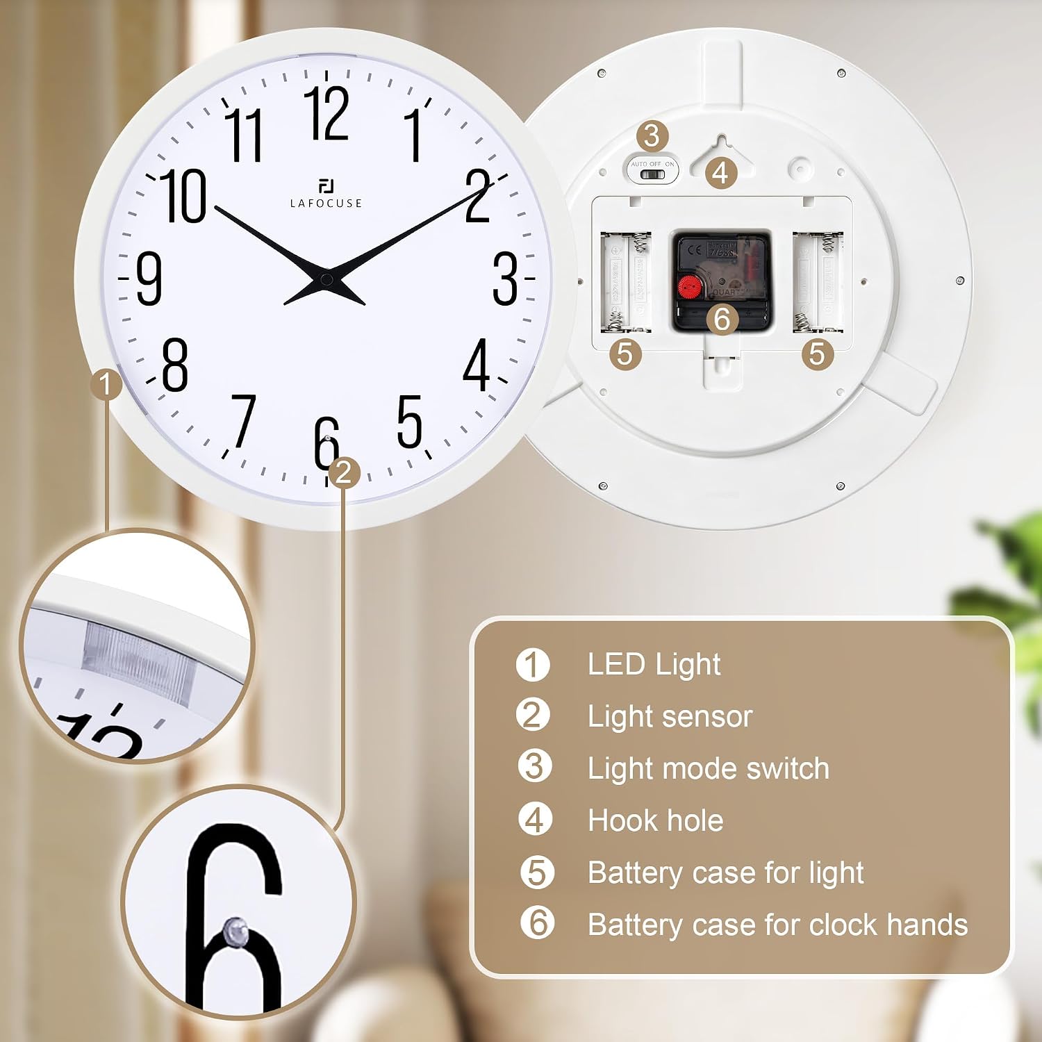 Lafocuse 12 Inch White Night Light Wall Clock Battery Operated, Silent Light up Wall Clocks Glow in the Dark for Bedroom Living Room Office