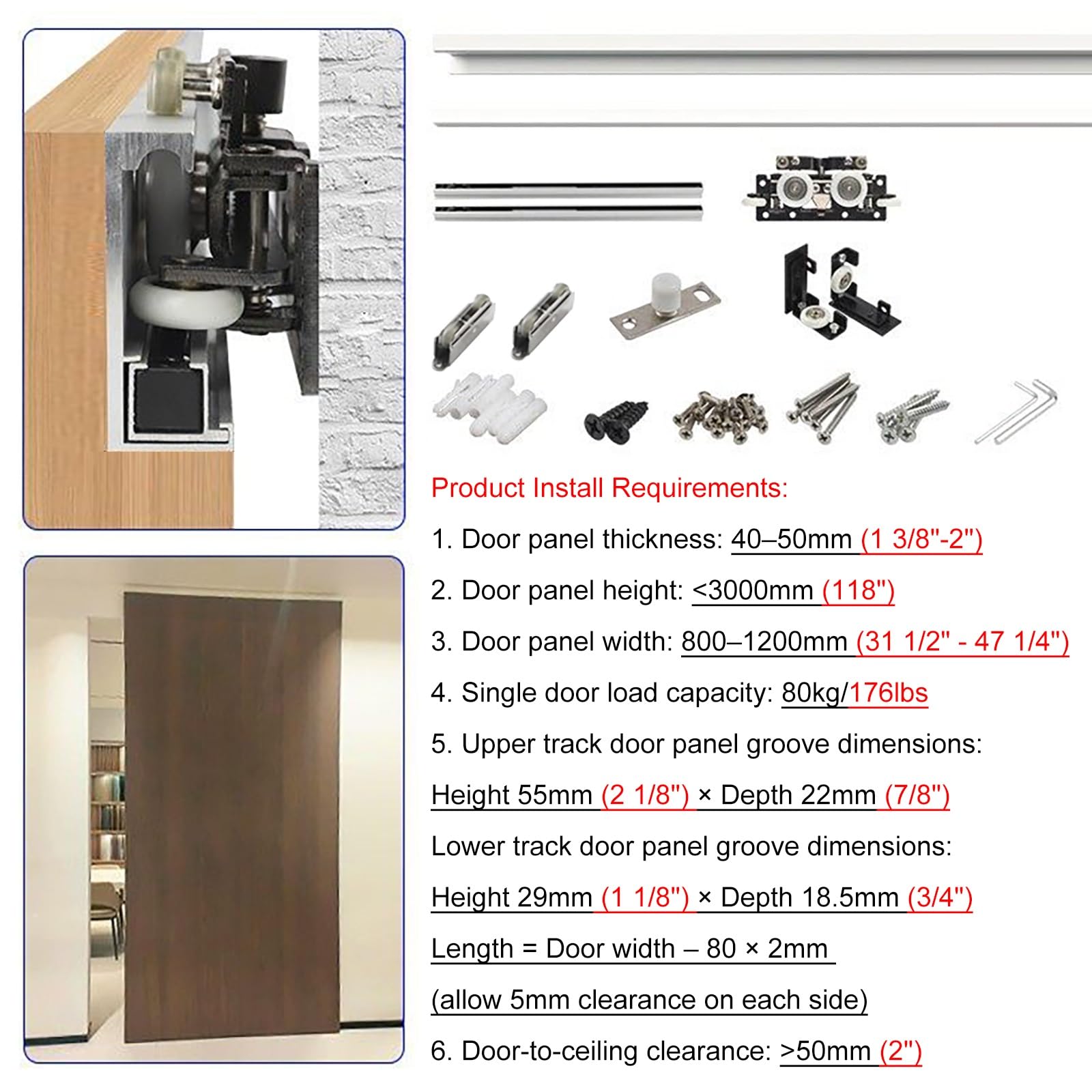 Kit Herraje Puerta Corredera Kits De Herrajes Para Puertas Corredizas Invisibles, Rieles Individuales, Sistema De Rieles Para Puertas Corredizas De Alta Resistencia, Exterior Interior(32in/81.3cm)