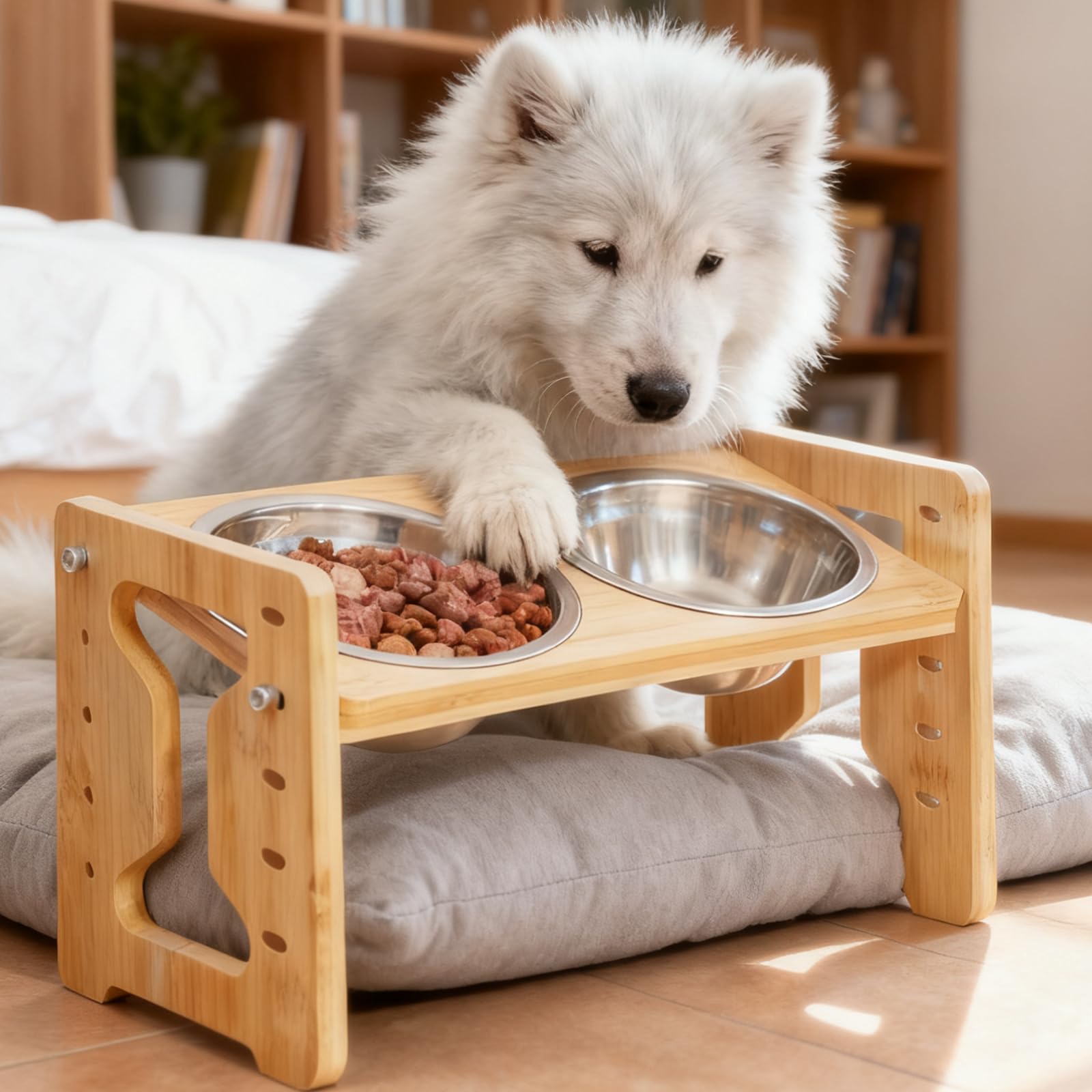 GOMETY Comedero para perros elevado con soporte, antideslizante, altura ajustable, 5 alturas ajustables, inclinación de 15°, estación de alimentación con 2 cuencos de acero inoxidable para perros