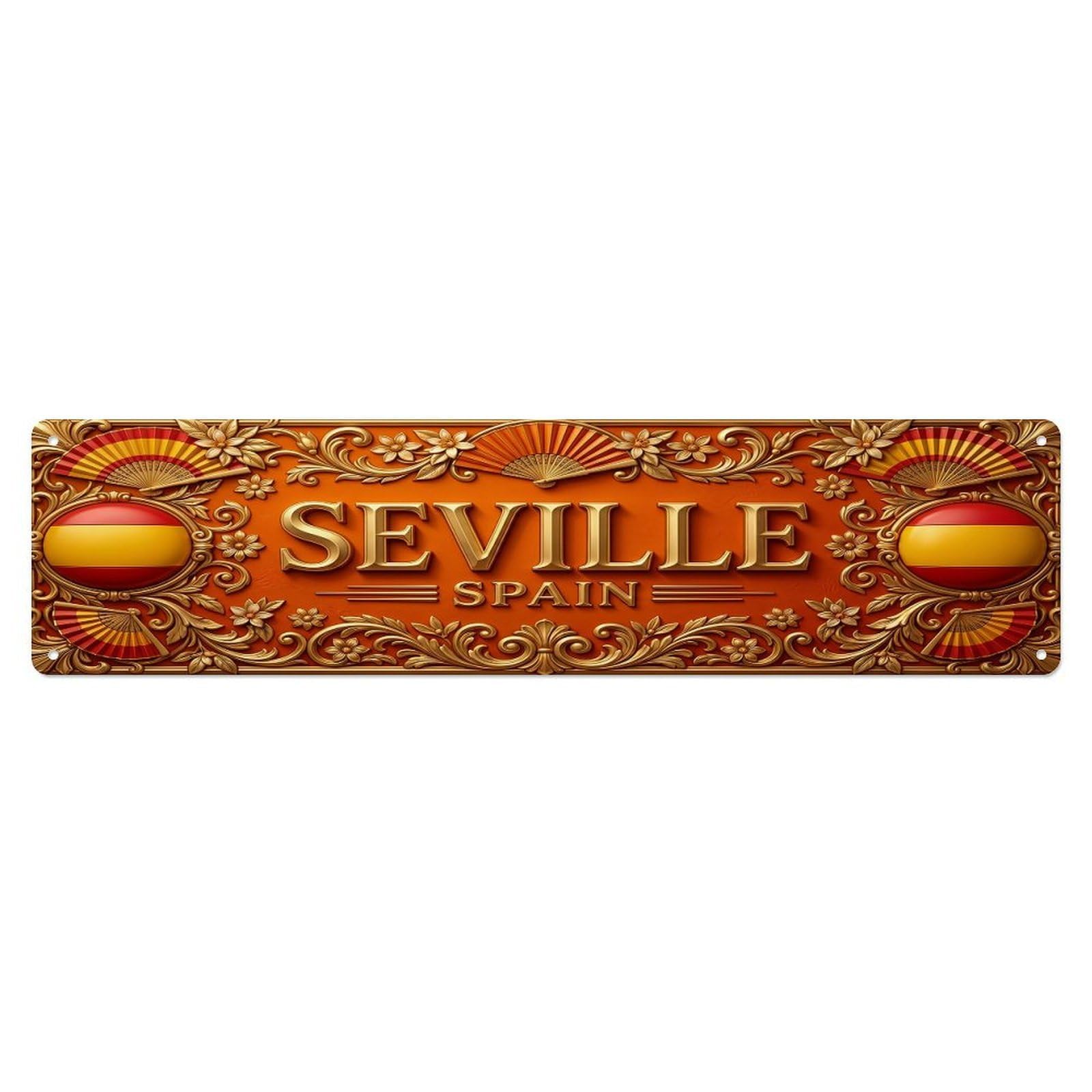 Olhnbad 4X16inch(10X40cm) Vintage Seville Spain Flag Pattern Metal Tin Sign
