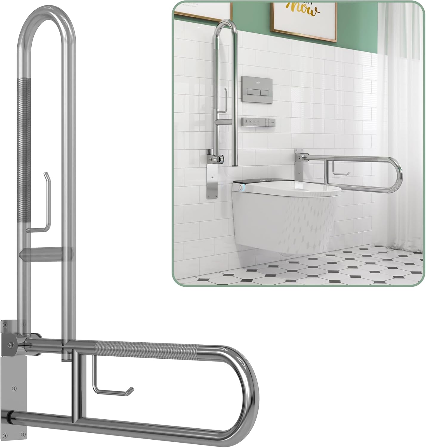 MEJE Toilet Grab Bar 31.5 Inch,Stainless Steel U Shaped Anti-Slip Support Rail,Flip-Up Bathroom Grab Bar with Paper Holder for Disabled/Elderly/Pregnant,Toilet Handrails Shower Assist Aid