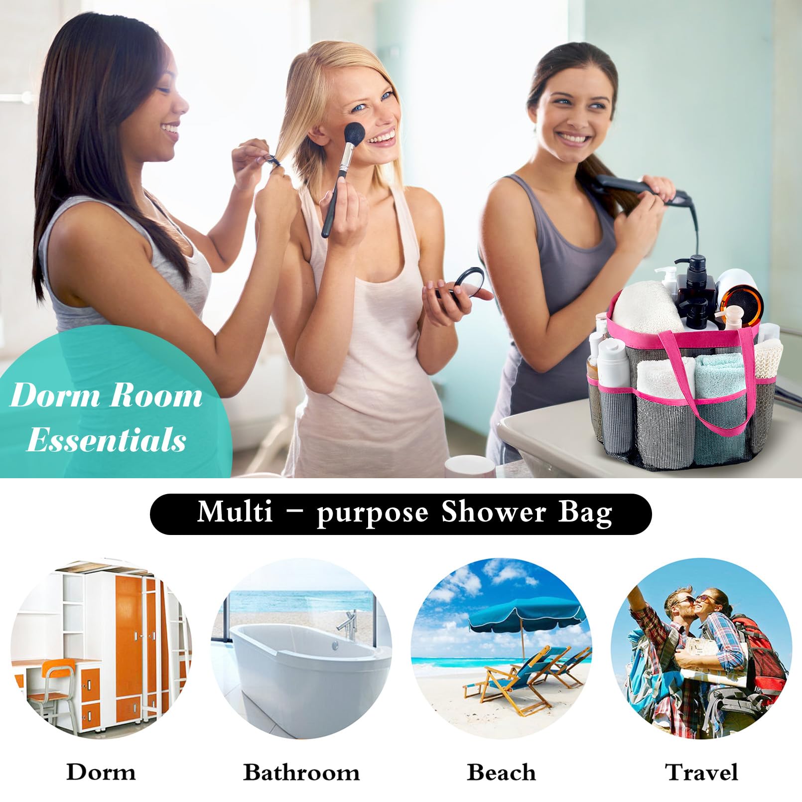 Attmu Paquete de 2 bolsas de malla portátil para ducha con 8 bolsillos de almacenamiento de malla, bolsa de ducha impermeable de secado rápido Oxford