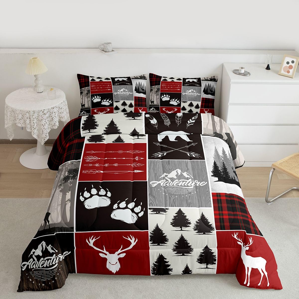 Edredón de oso matrimonial gris y rojo con dos fundas para cama infantil
