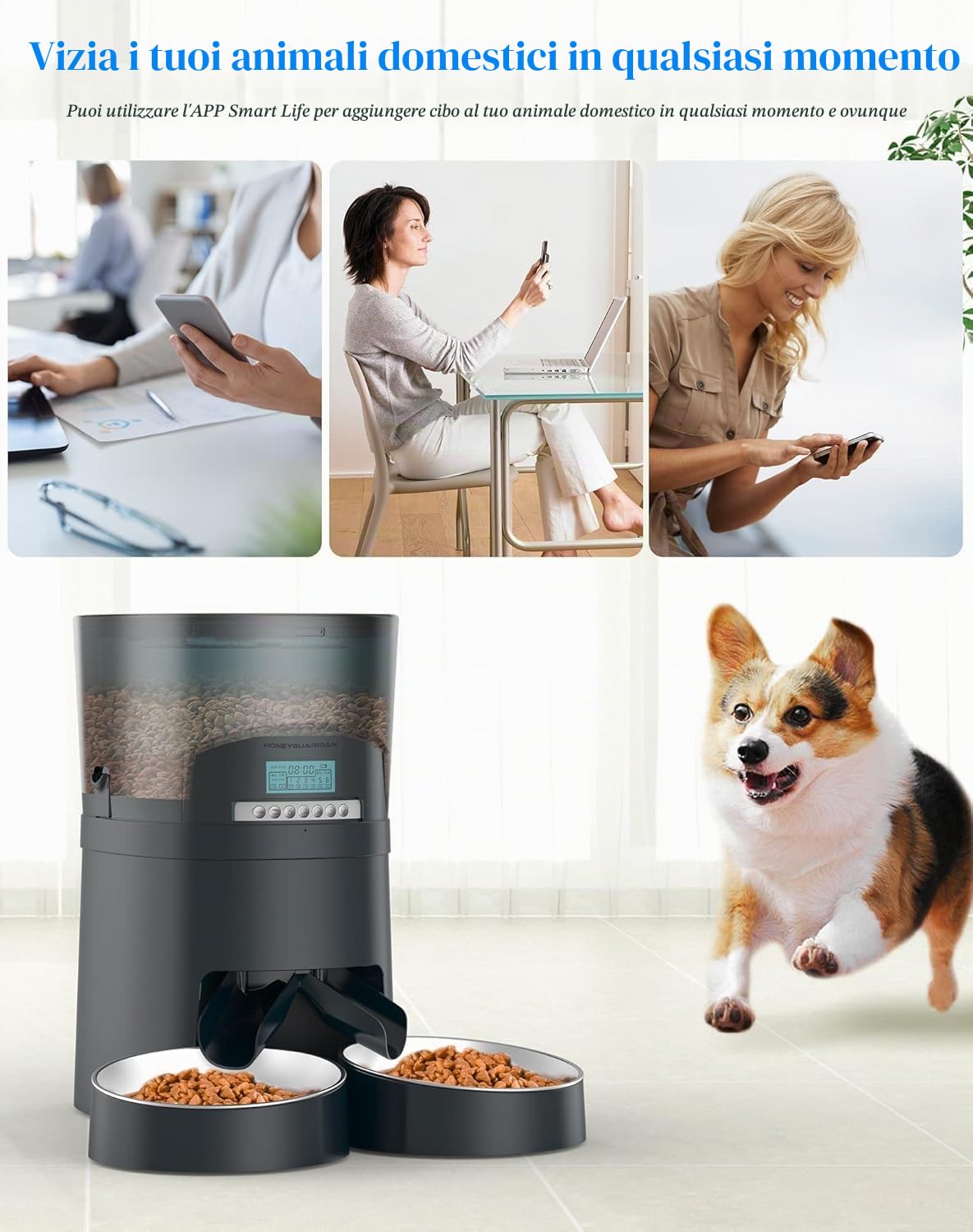 HoneyGuaridan Mangiatoia automatica per gatti 2 ciotole, 2.4G WiFi, distributore automatico intelligente per gatti e cani, 1-6 pasti al giorno (4,5L)