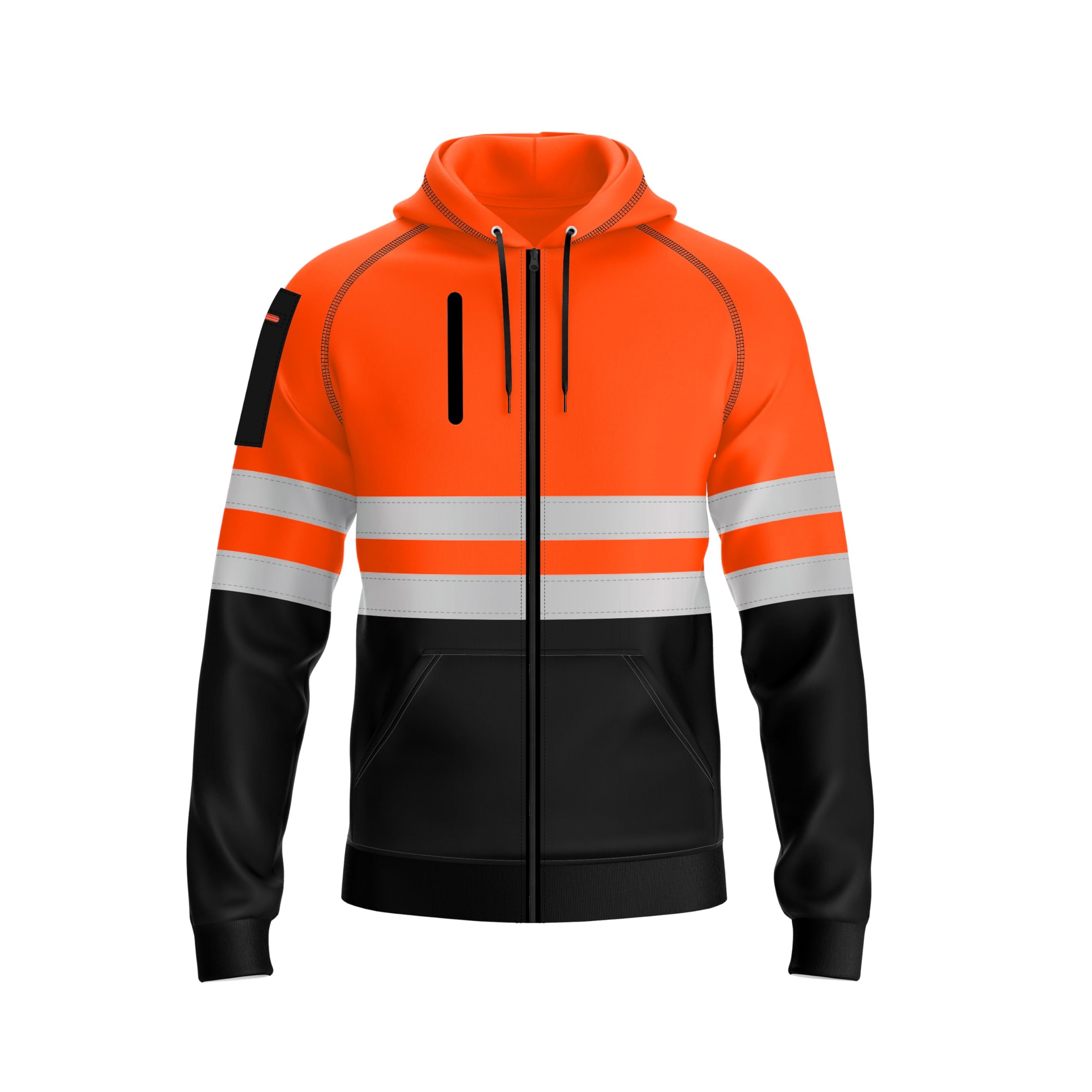 Mens Hi Viz Vis Reflective 3 Zips Pockets Zipper Patched Fleece Sweatshirt Work Hoodie Top Jacket, Black Orange, M