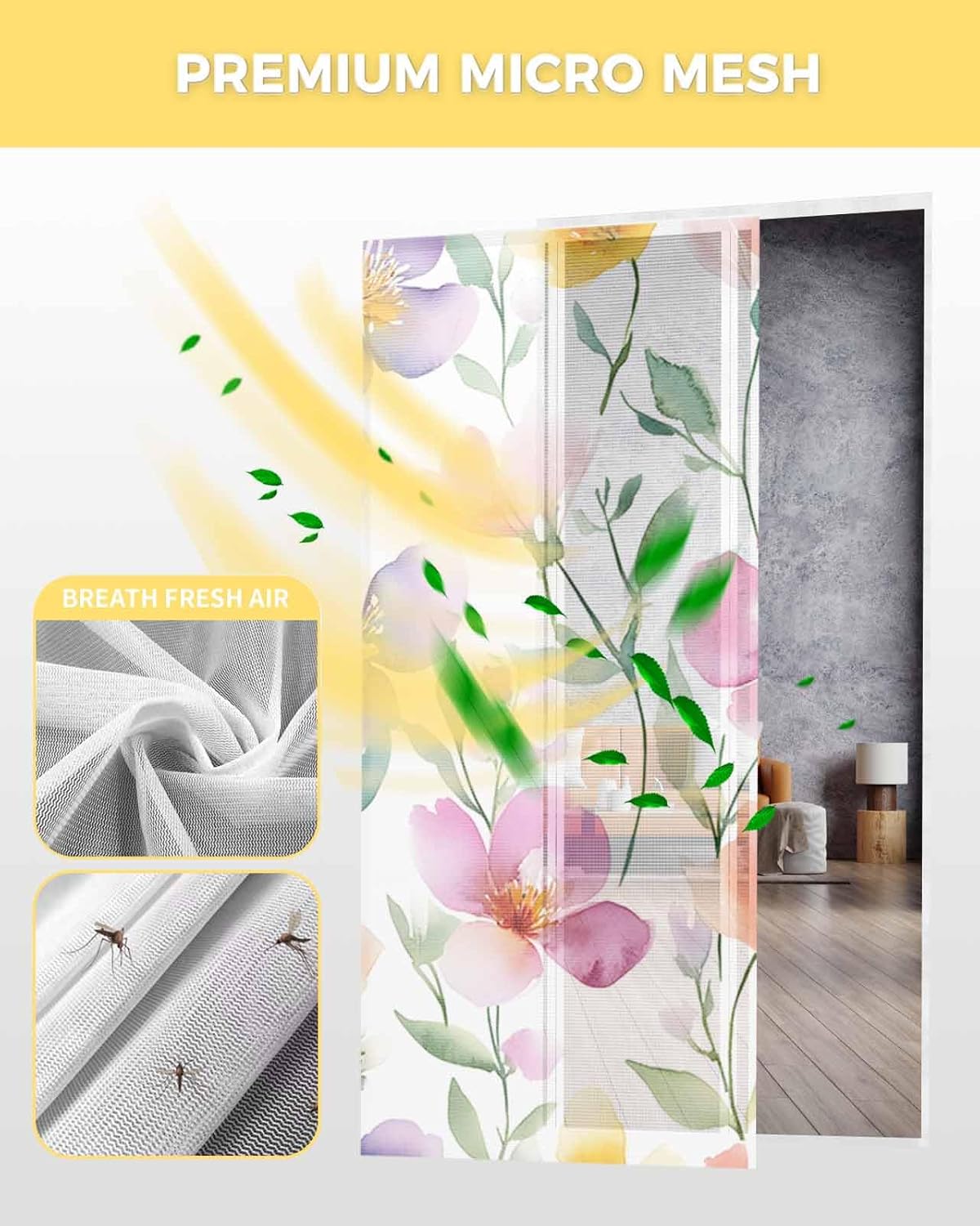 Purple Pink Floral Magnetic Screen Door, Ombre Watercolor Ink Flower Aesthetics Hands Free Screen Mesh Size 38" x 83", Reinforce Heavy Duty Mesh Screen Doors for Patio/Front/Sliding Door