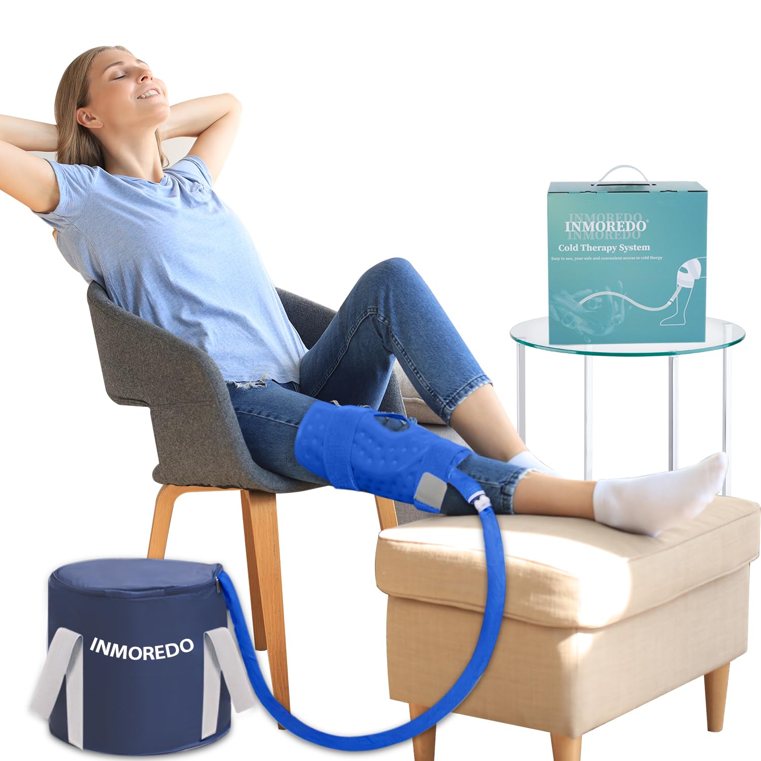 Cold therapy machine system with pump, bucket, and knee pad