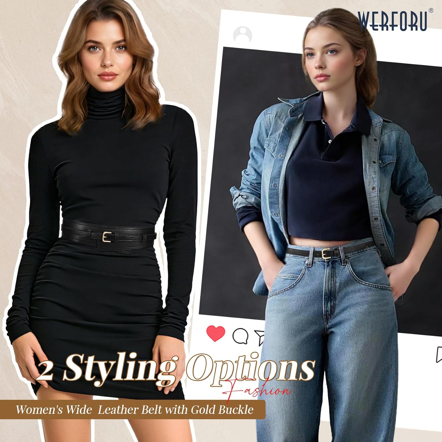 WERFORU Women Wide Waist Belts for Dress Women Fashion Wide Leather Belt 2-in-1 Waistband with Thin Belts for Dress - Image 3